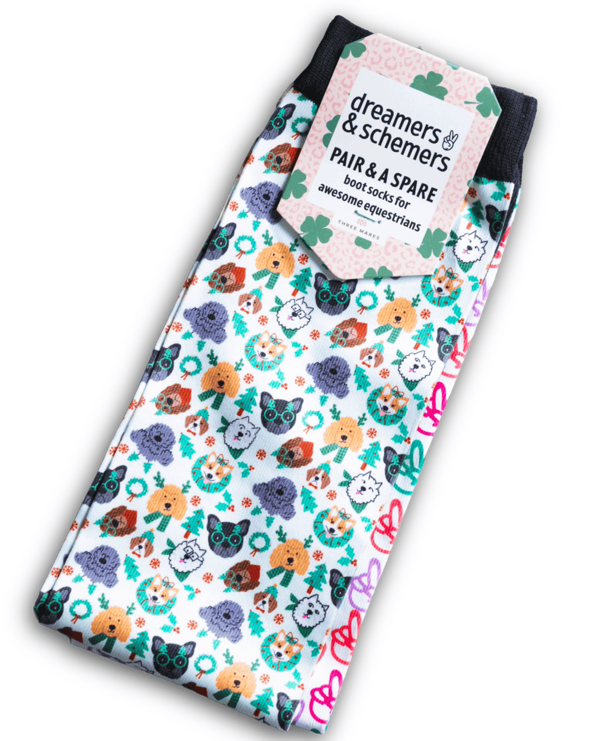 Deck the Paws colorful dog and horse print riding boot socks with spare pair included