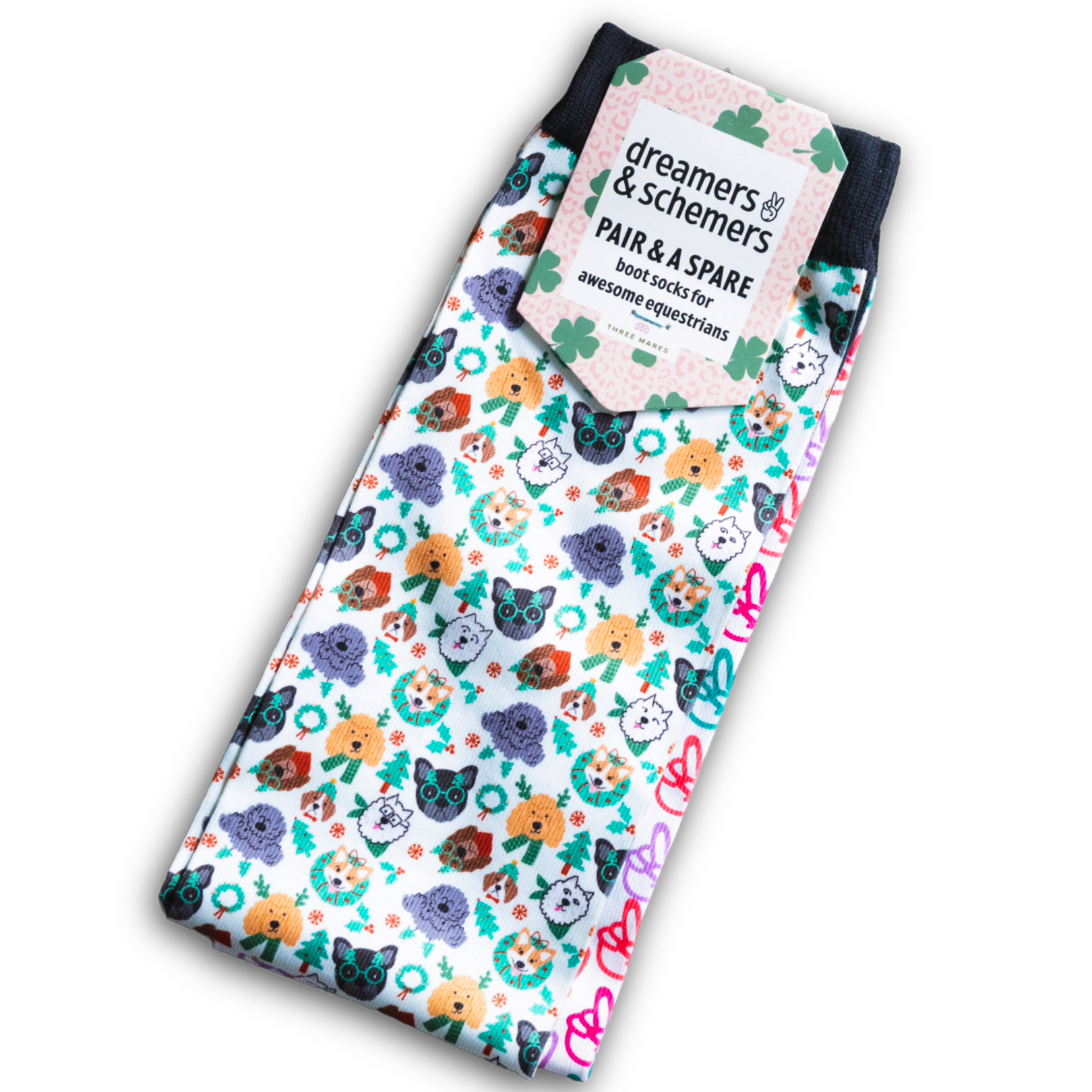 Deck the Paws youth riding socks with colorful dog pattern and spare sock included