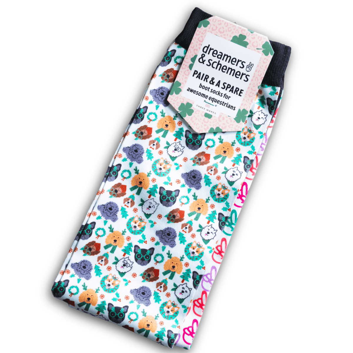 Deck the Paws youth riding socks with colorful dog pattern and spare sock included