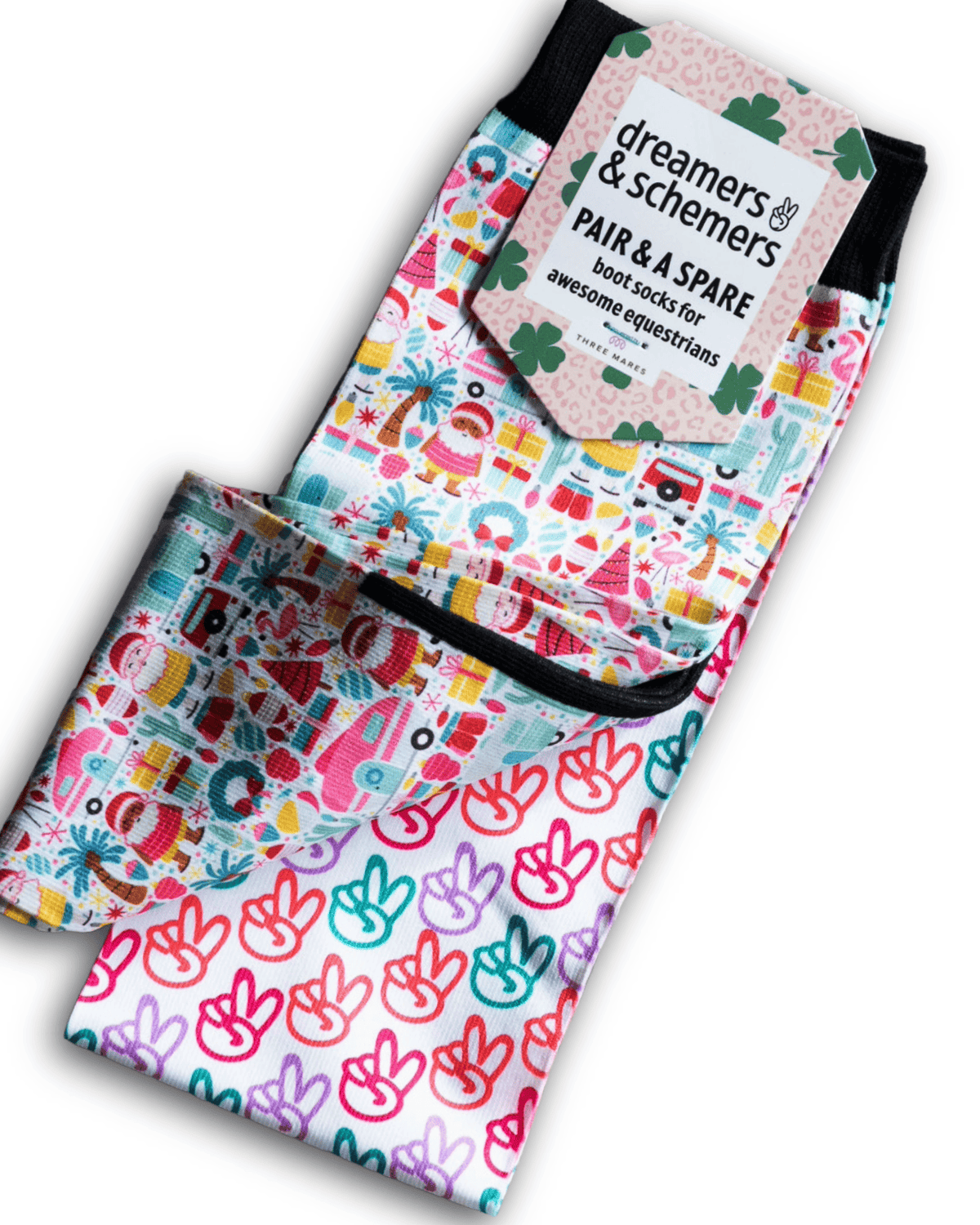 Deck the Palms holiday-themed colorful riding socks with extra spare pair for equestrians