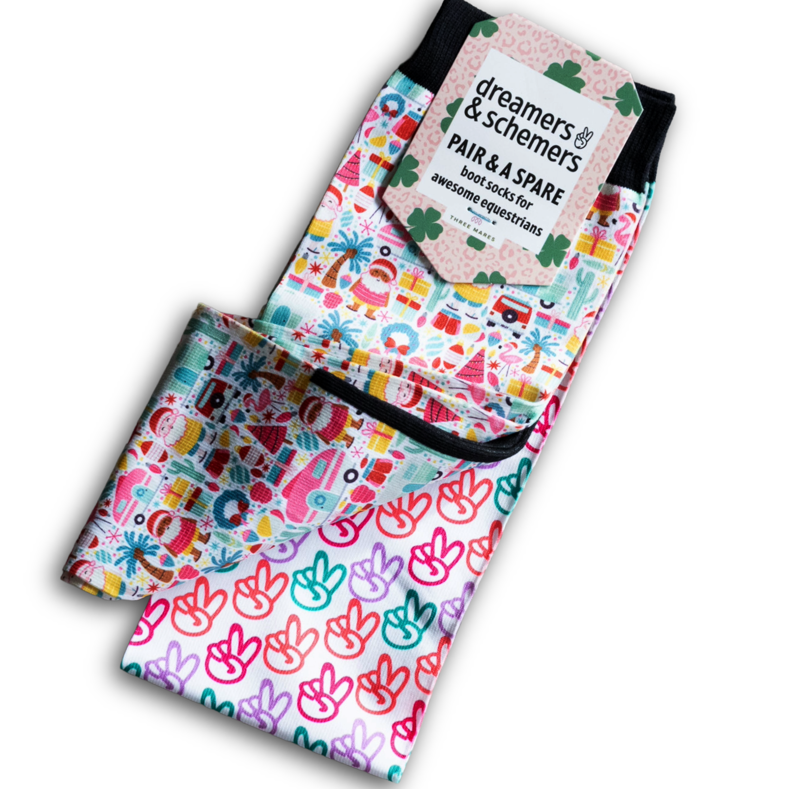 Deck the Palms holiday-themed colorful riding socks with extra spare pair for equestrians