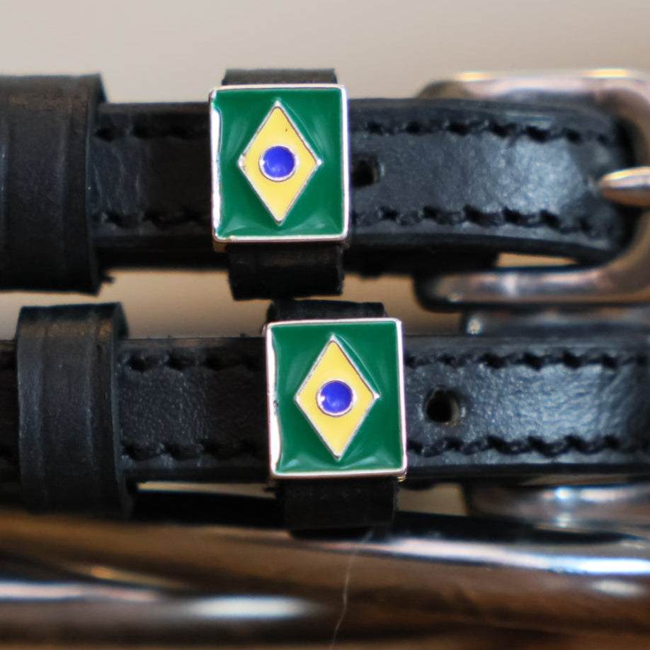 Brazil Flag Spur Straps black leather with stainless steel buckle and custom charm