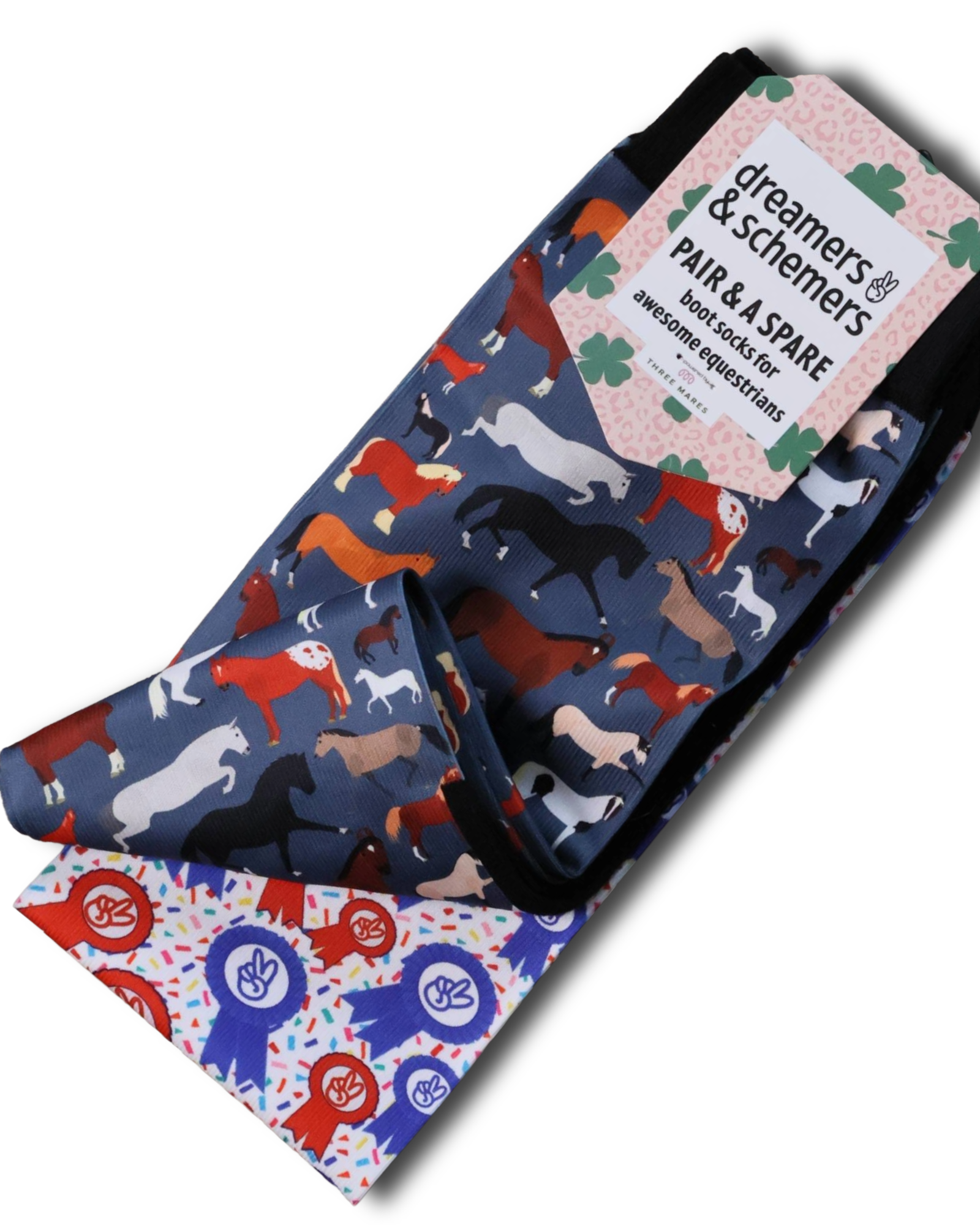 Breeds of the World Pair & a Spare equestrian boot socks, alternate angle, by Dreamers & Schemers