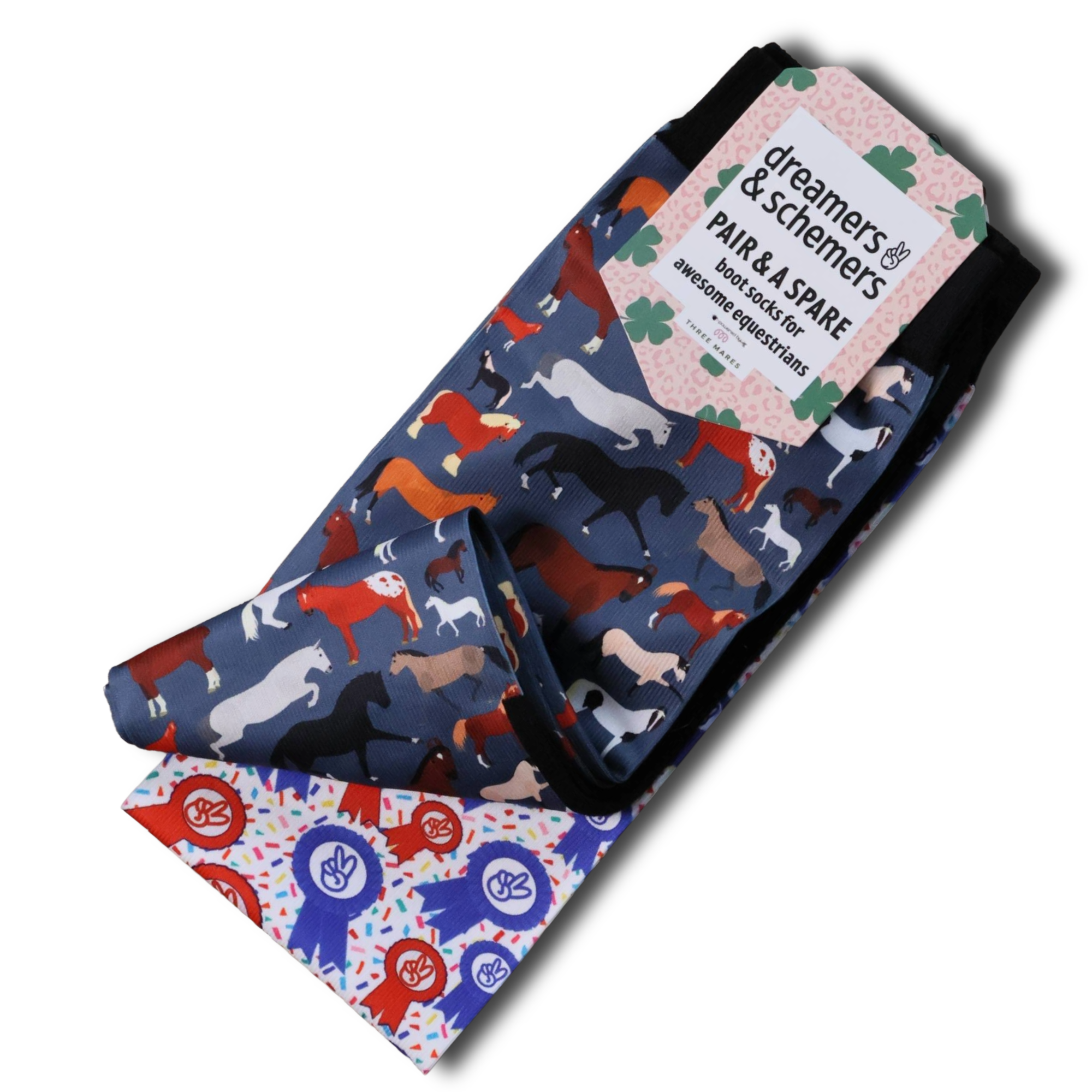 Breeds of the World Pair & a Spare equestrian boot socks, alternate angle, by Dreamers & Schemers