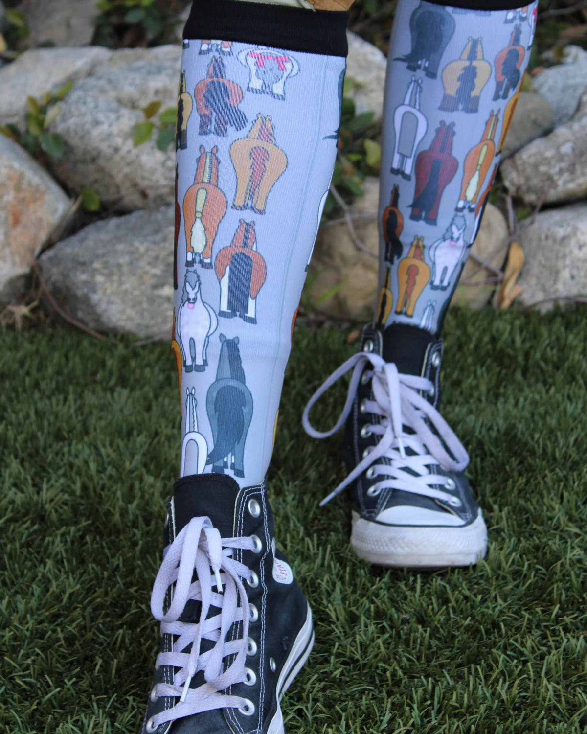 Butts Pair & a Spare equestrian boot socks featuring horse butts print, alternate angle, by Dreamers & Schemers
