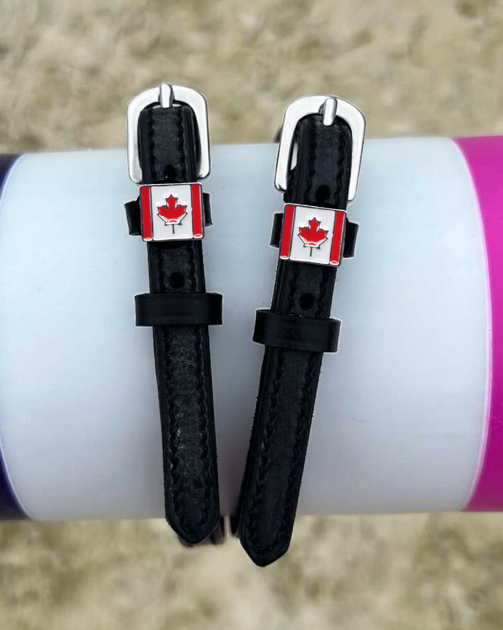 Canadian flag spur straps, additional view, equestrian accessory by ManeJane