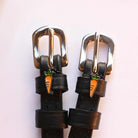 Carrot Spur Straps ManeJane black leather spur straps with non-stretch interior and stainless steel buckle for English ridi.