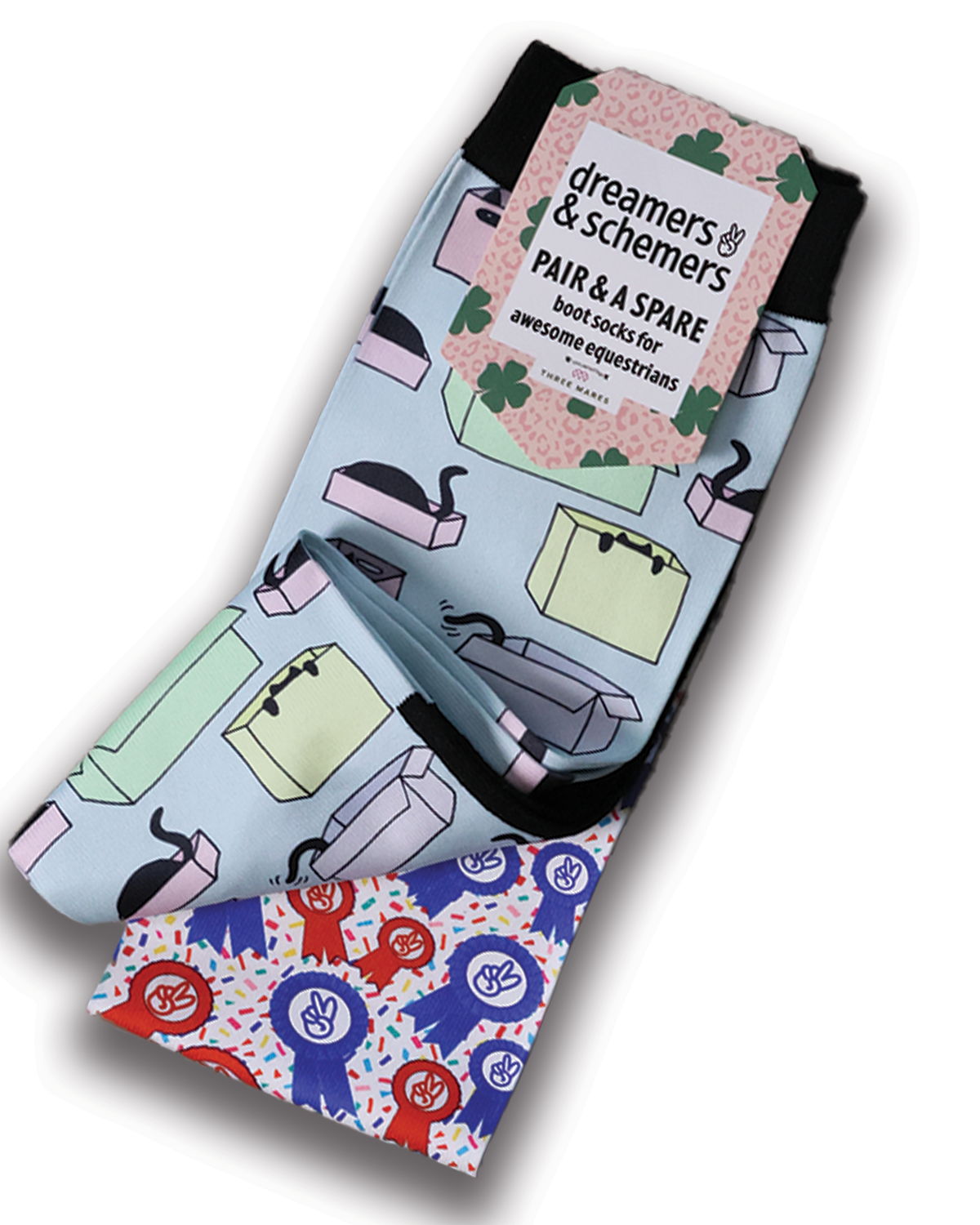 Cat In A Box Pair & a Spare equestrian boot socks, alternate angle, by Dreamers & Schemers