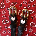 Chicken Spur Straps ManeJane black leather spur straps with non-stretch interior and stainless steel buckle for English rid.