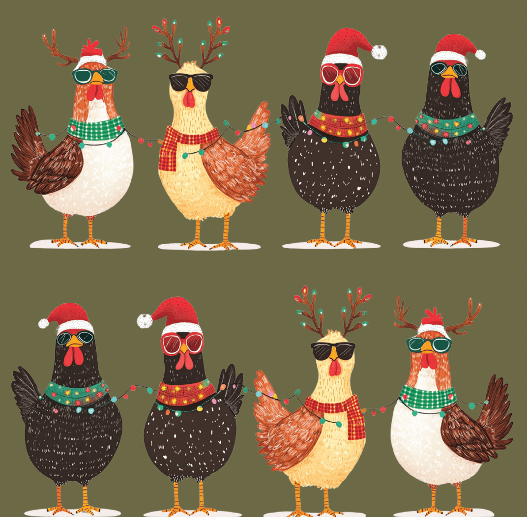 Holiday-themed boot socks featuring festive chickens with sunglasses, scarves, and Santa hats, designed for comfort and durability.