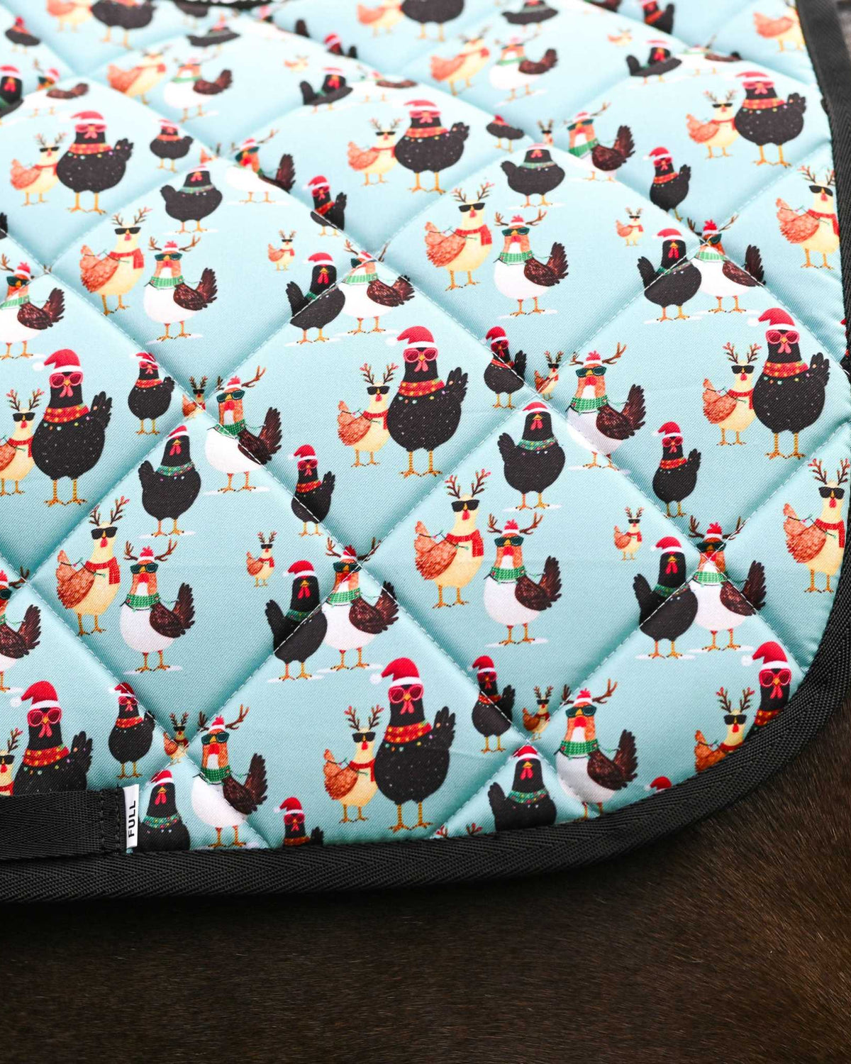 Cluck-Mas all-purpose saddle pad featuring christmas chicken holiday, alternate angle, by Dreamers & Schemers