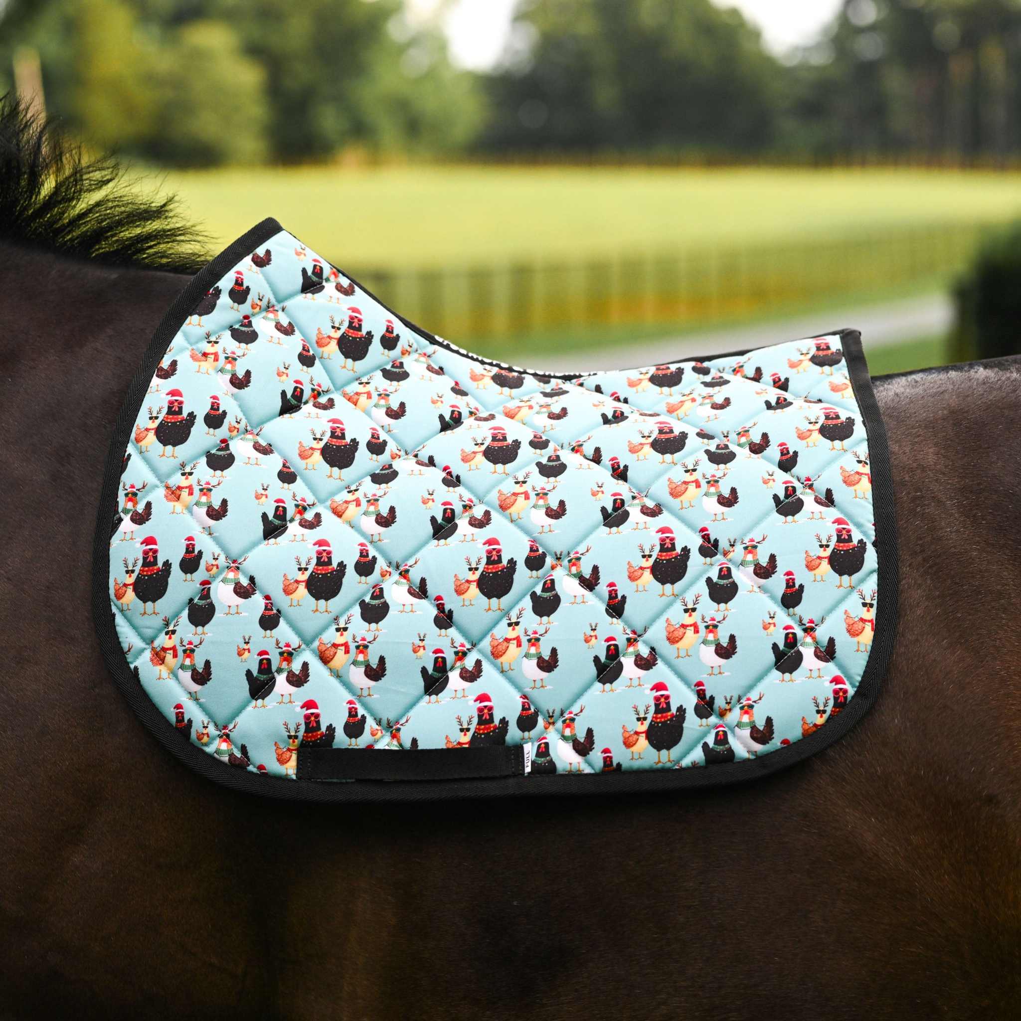 Dreamers & Schemers Cluck-Mas Saddle Pad – patterned saddle pad, equestrian gift, horseback riding gear from Dreamers & Schemers Saddle Pads