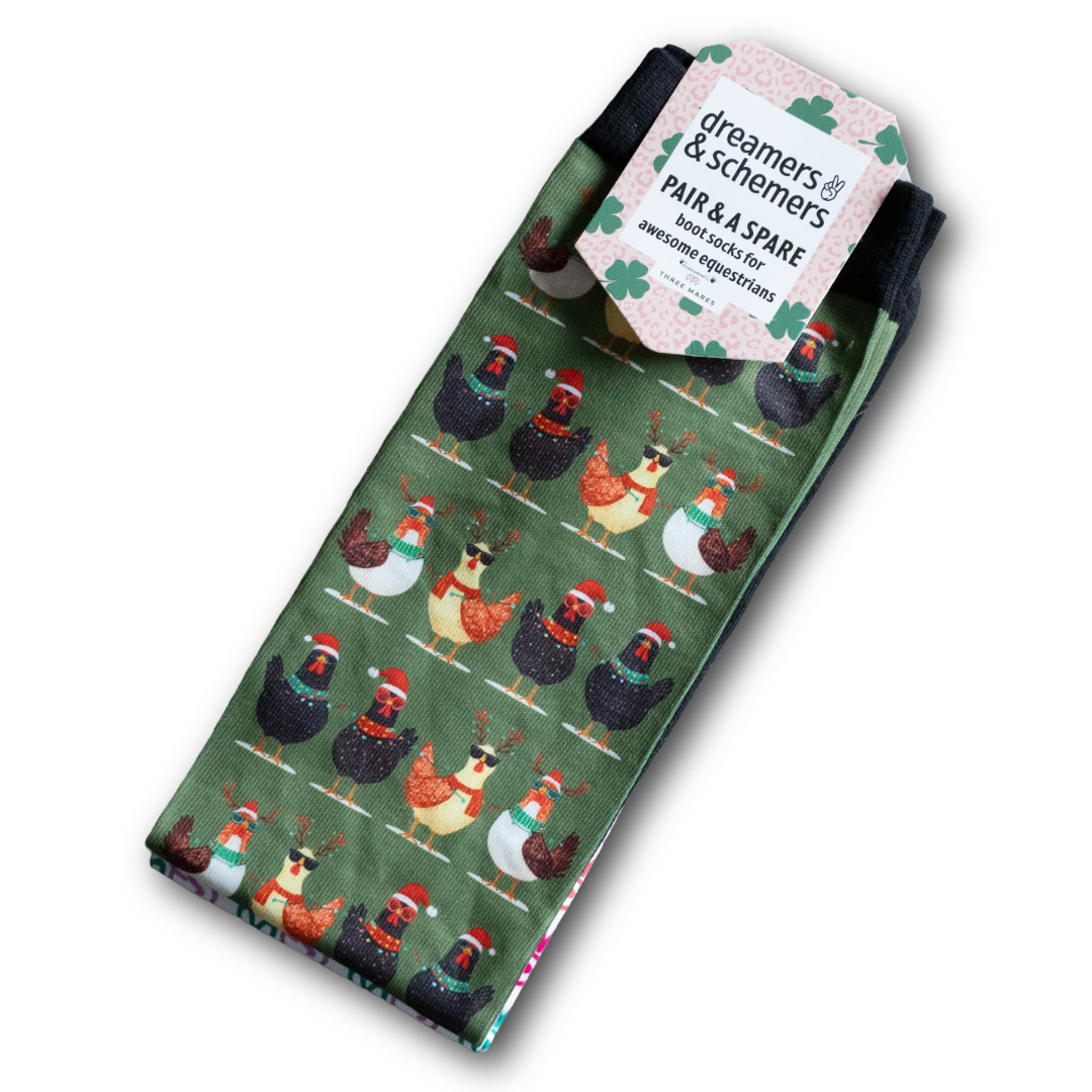 Holiday themed Cluck-Mas boot socks with chicken and reindeer design, comfortable fit for riding boots