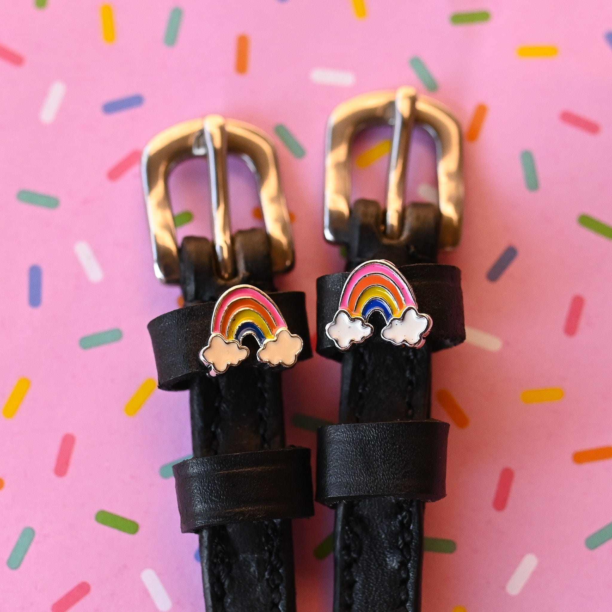 ManeJane Cool Rainbows Spur Straps Spur Straps — black leather, non-stretch, hero image for English riders.