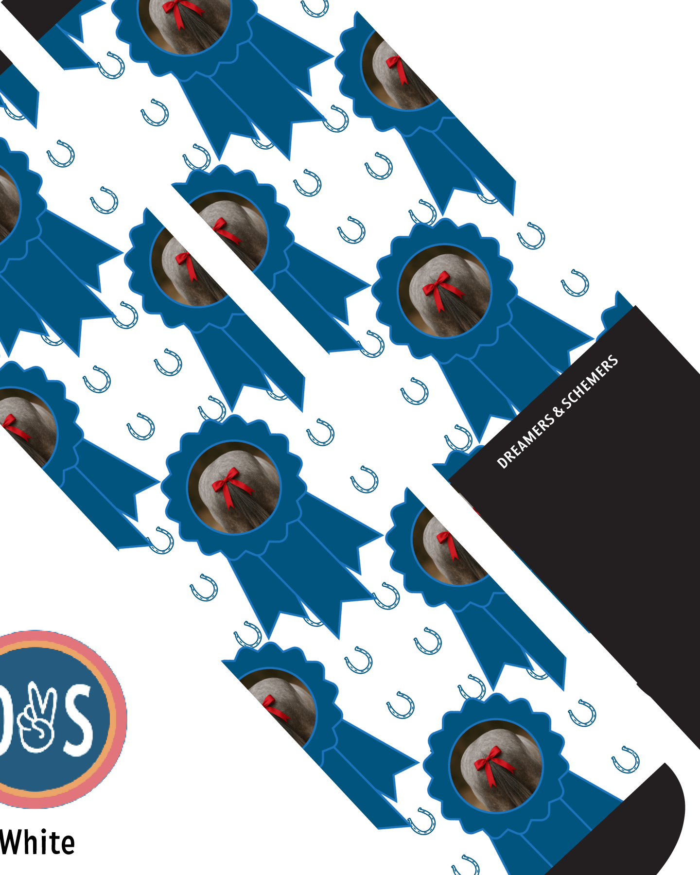 custom sock with photo featuring blue ribbons and horseshoes pattern