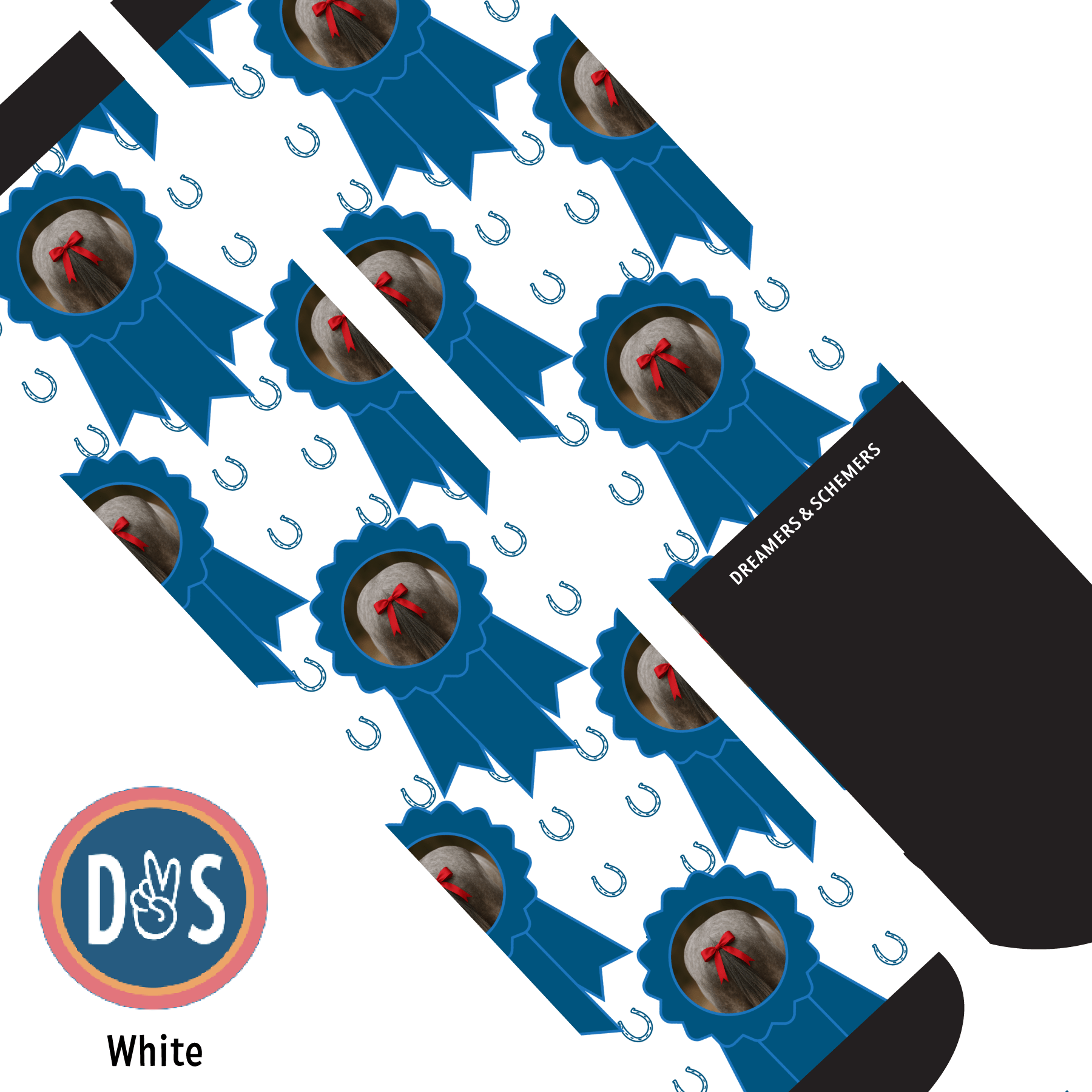 custom sock with photo featuring blue ribbons and horseshoes pattern