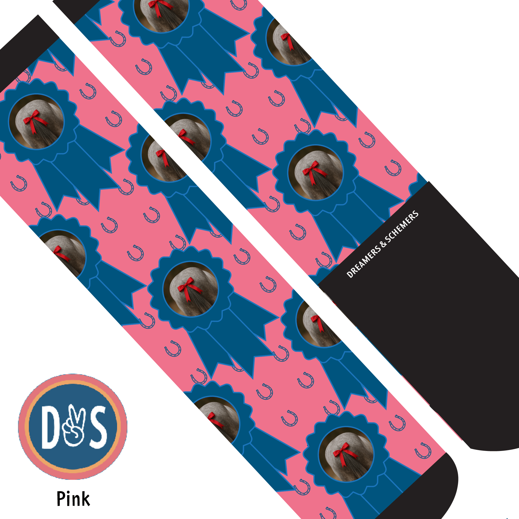 Custom blue ribbon socks with repeated blue horseshoe pattern and personalized photo design