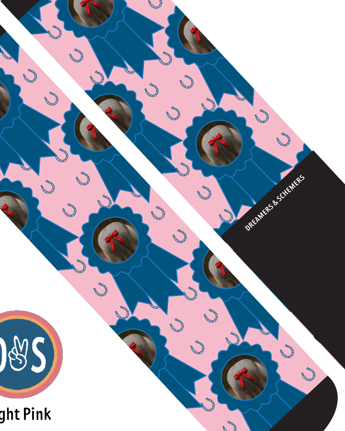 custom sock with photo blue ribbon and horseshoes pattern on light pink background