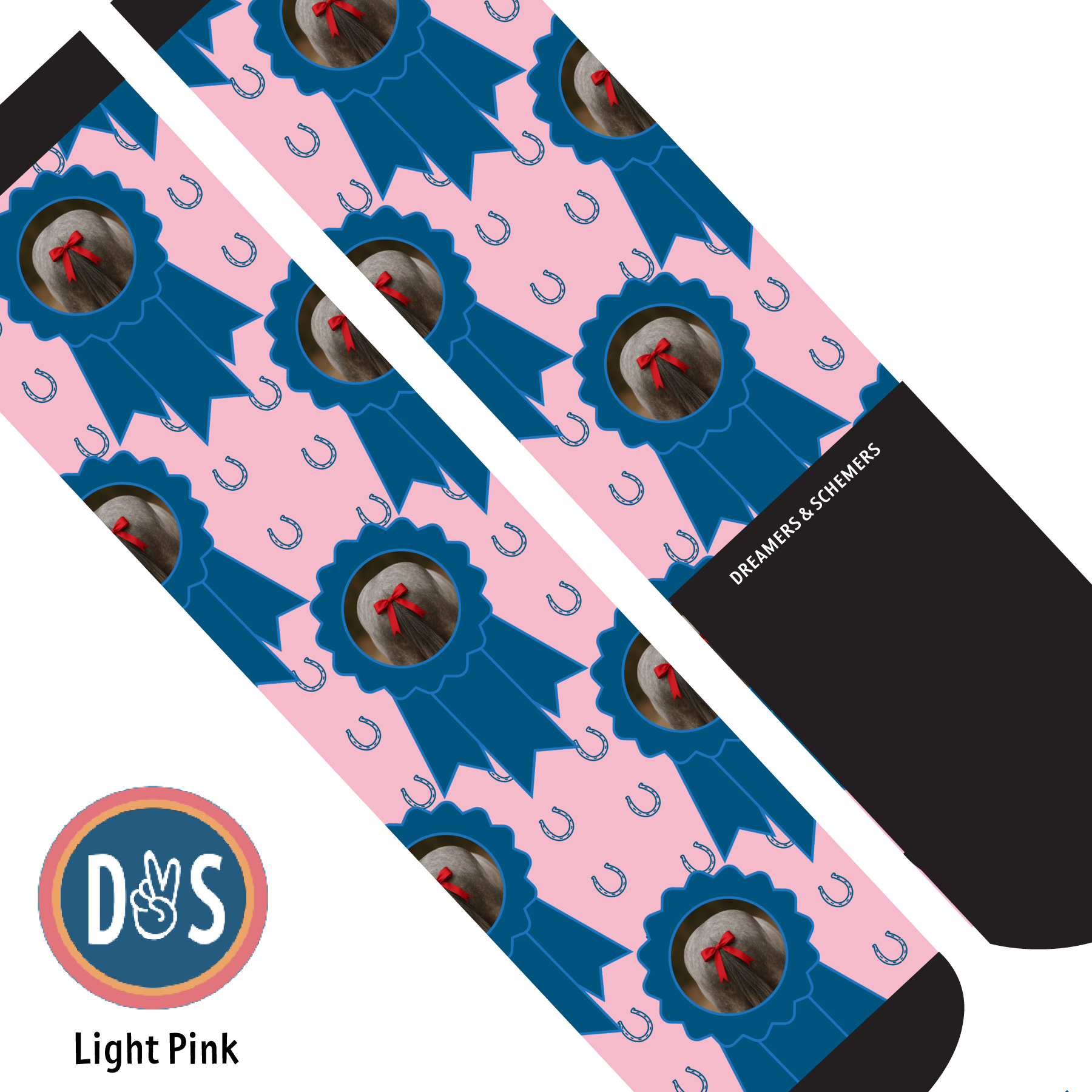 custom sock with photo blue ribbon and horseshoes pattern on light pink background