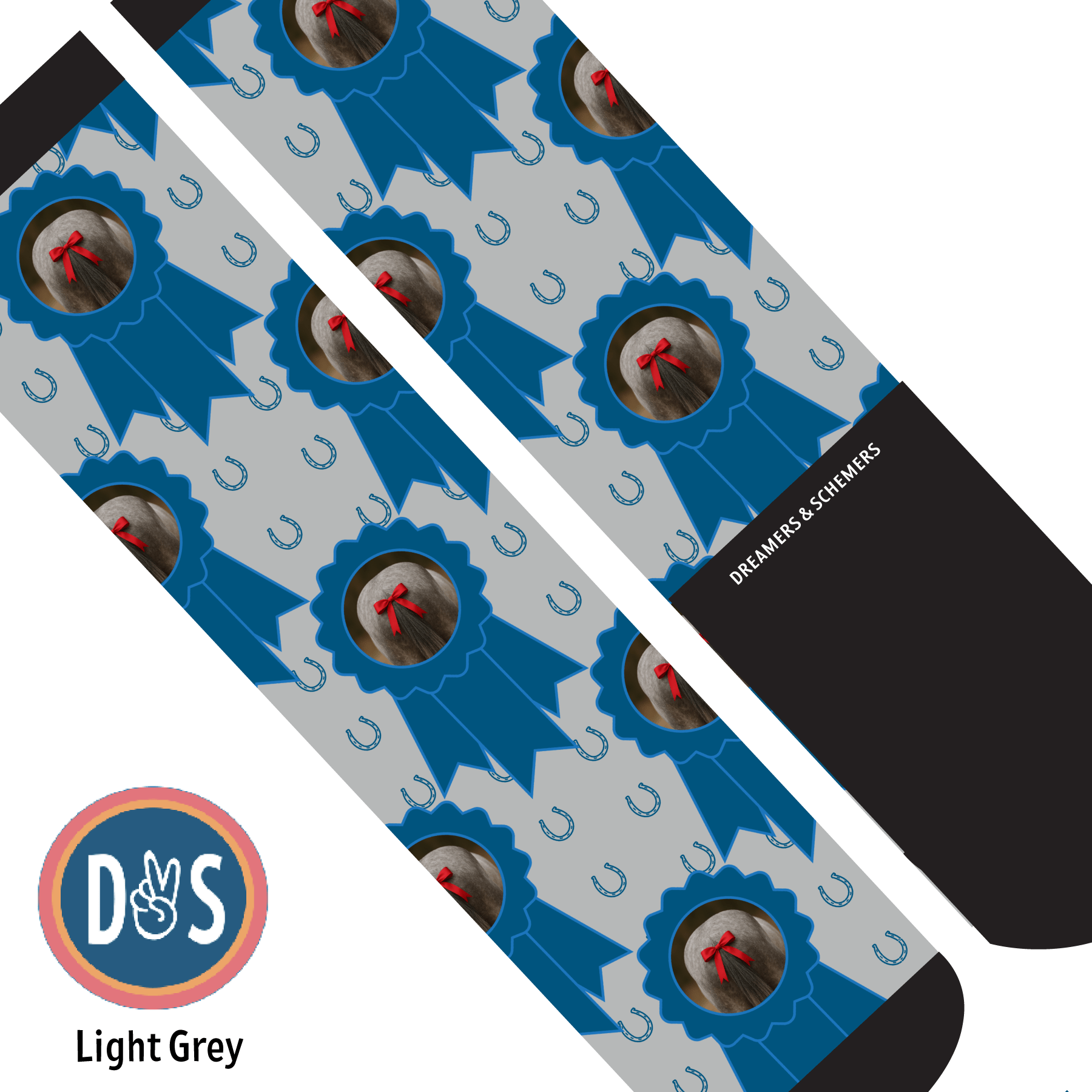 Light grey custom socks with blue ribbons, horseshoes, and personalized photo design, adult and youth sizes available