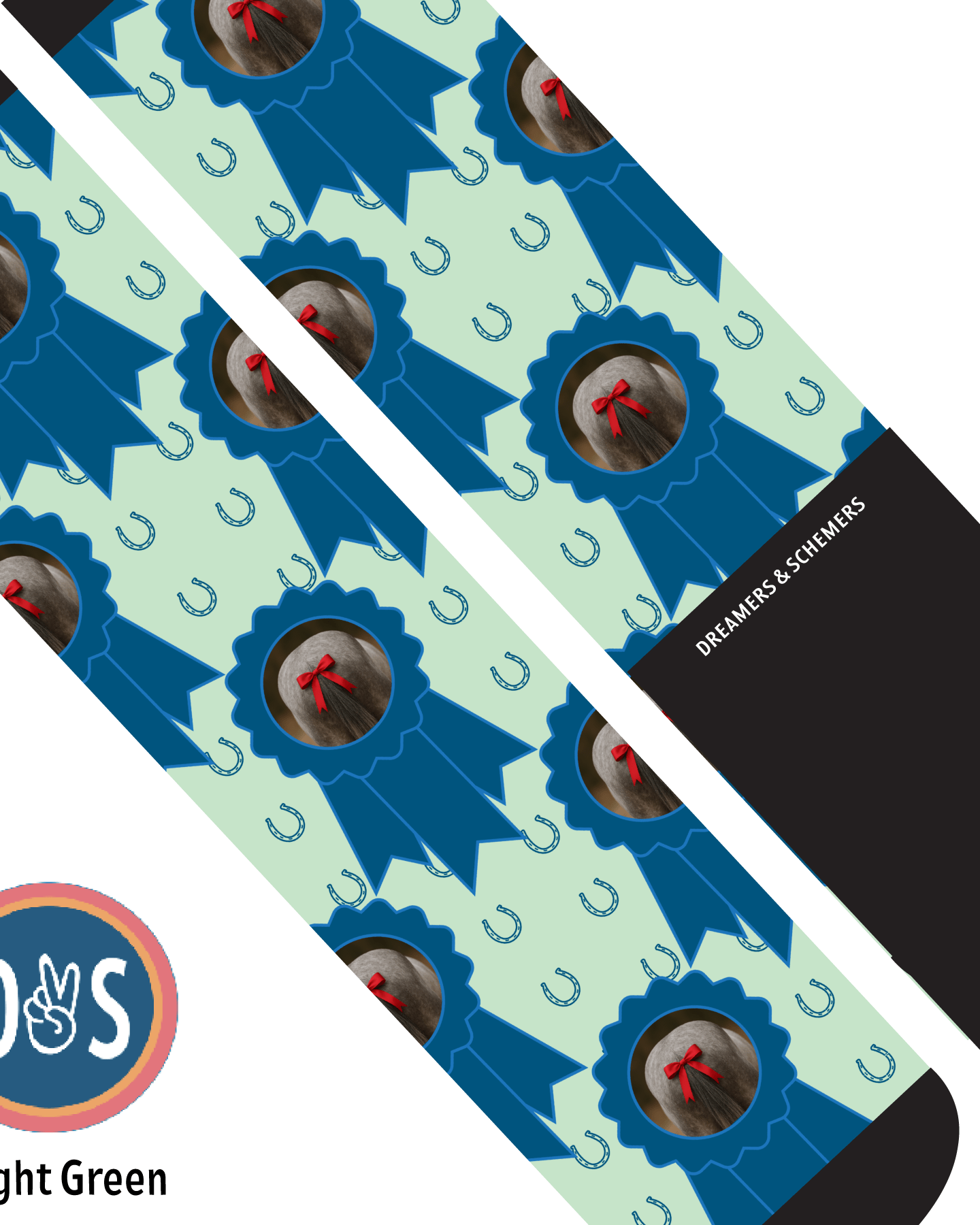 Custom sock with photo featuring blue ribbons and horseshoes on light green background