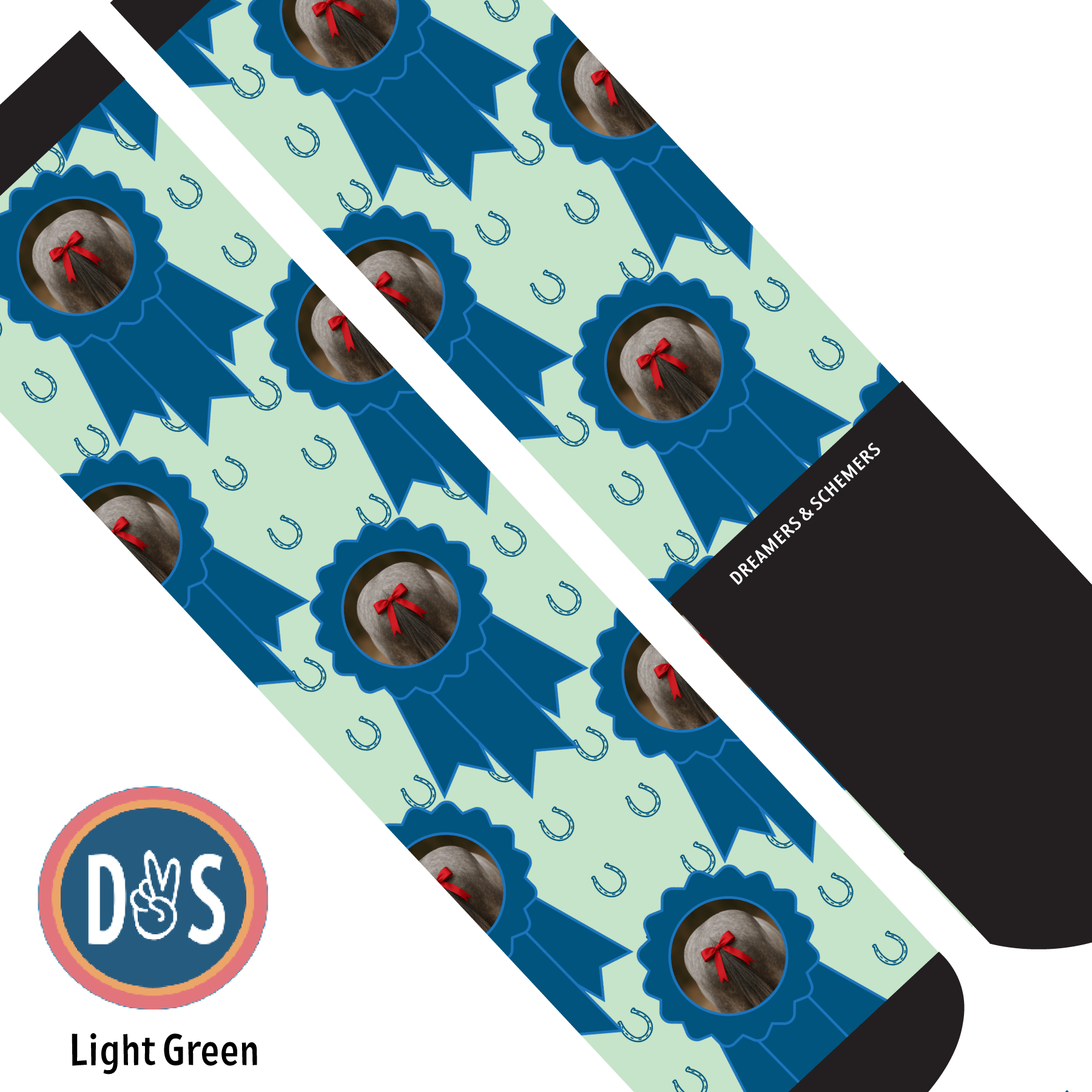 Custom sock with photo featuring blue ribbons and horseshoes on light green background