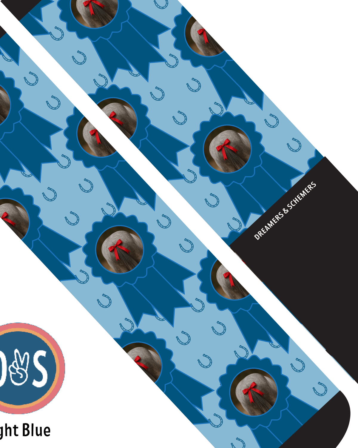 Custom light blue socks with blue ribbons and horseshoes featuring personalized photo design