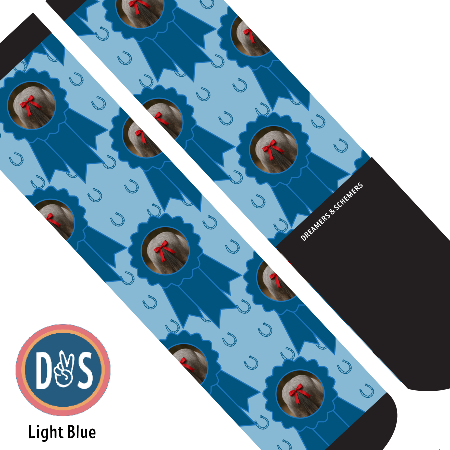 Custom light blue socks with blue ribbons and horseshoes featuring personalized photo design