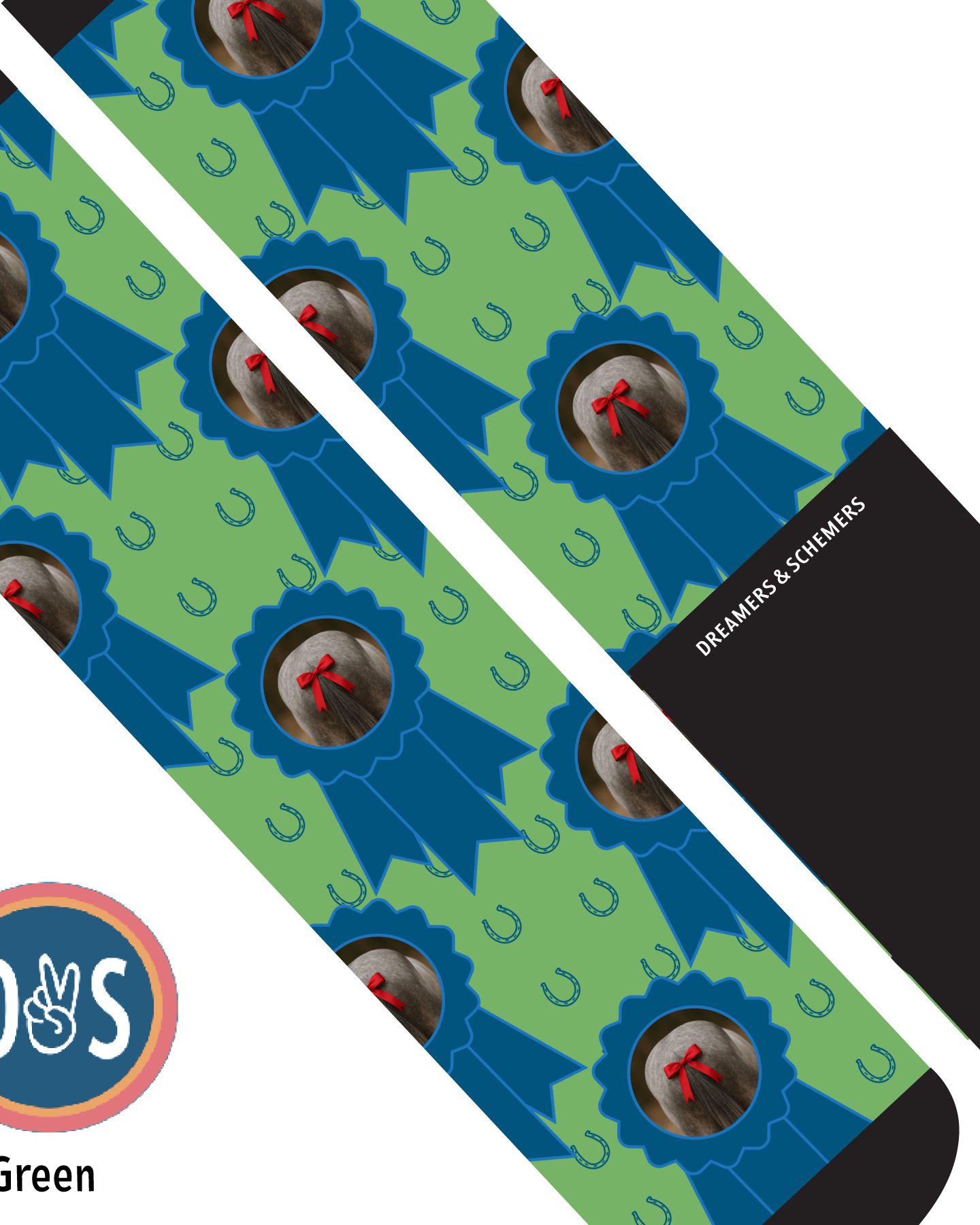 Custom blue ribbon socks with personalized photo and horseshoe pattern on green background