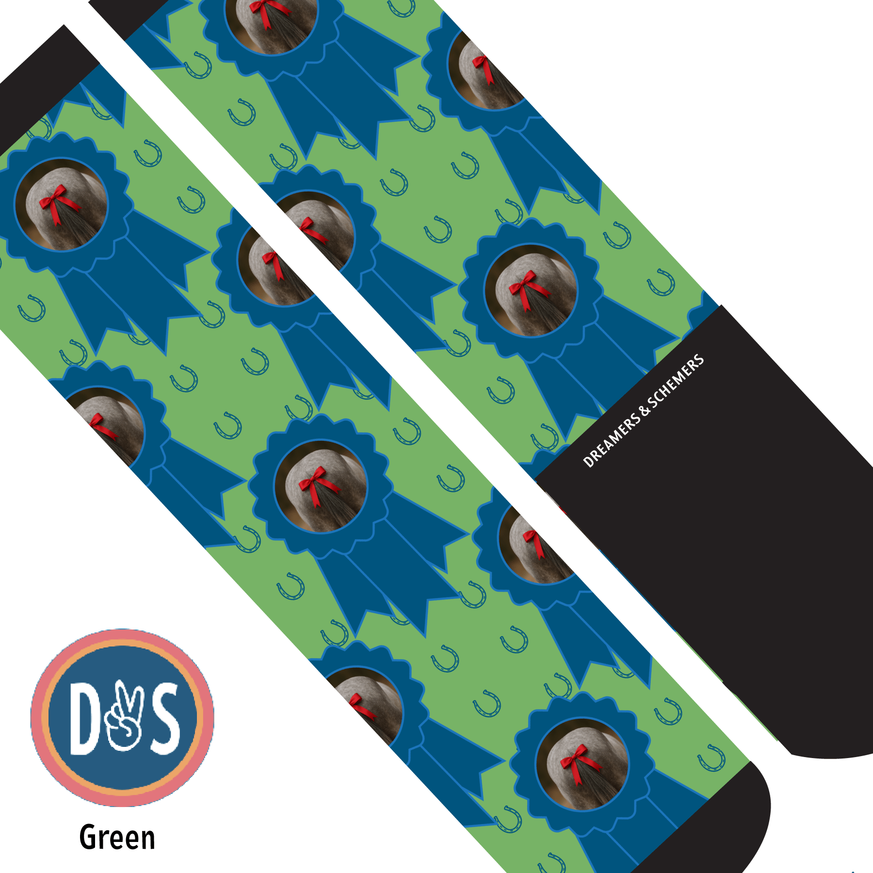 Custom blue ribbon socks with personalized photo and horseshoe pattern on green background