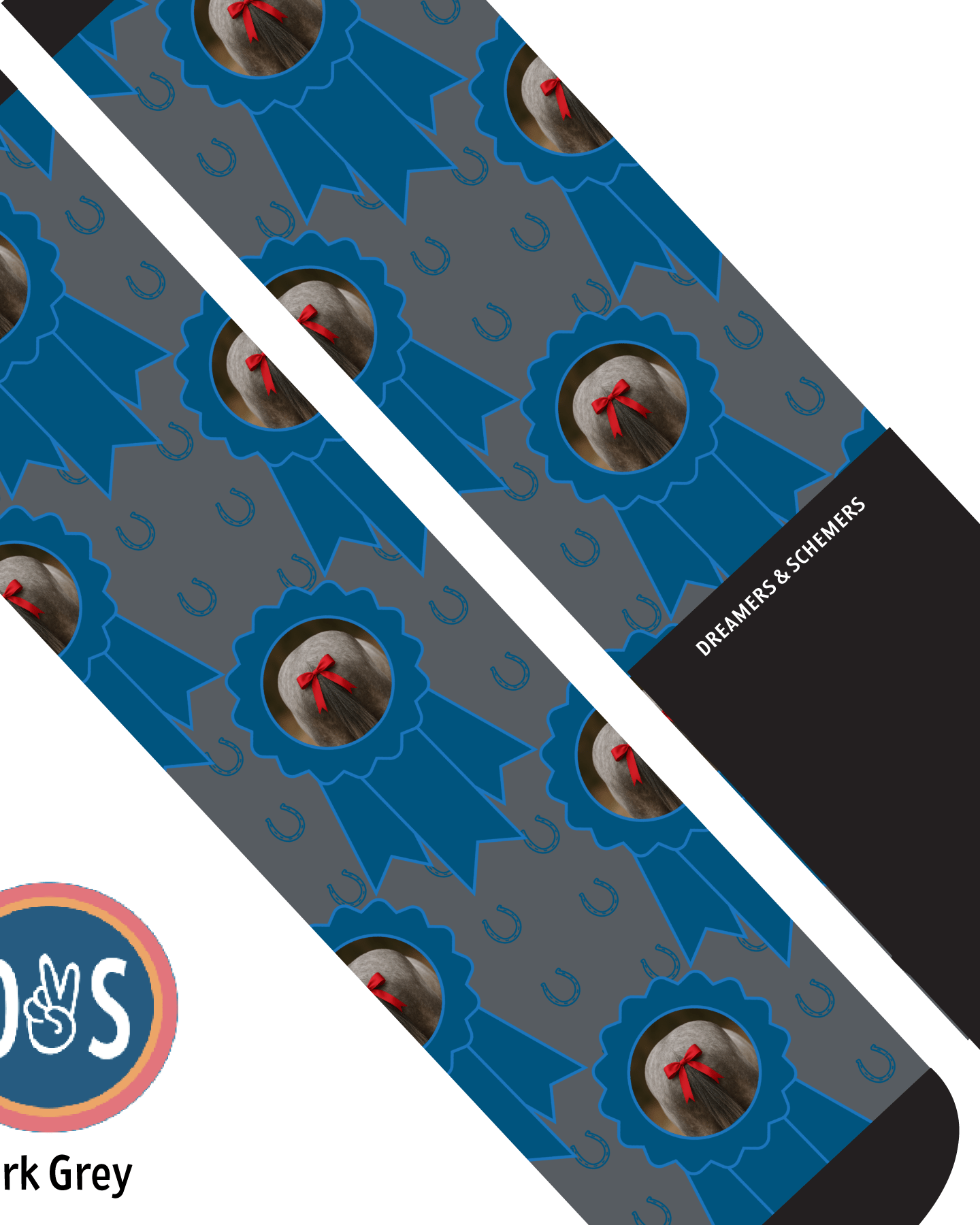 Custom dark grey socks with blue ribbon and horseshoe pattern featuring personalized photo design