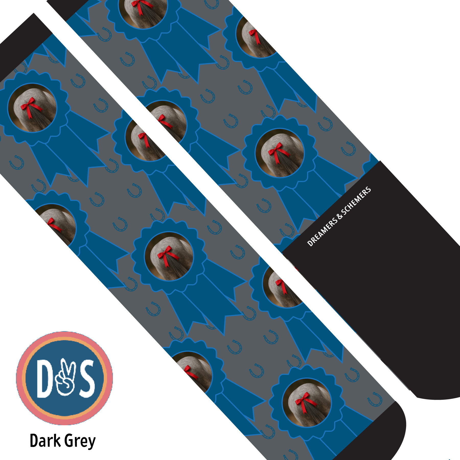 Custom dark grey socks with blue ribbon and horseshoe pattern featuring personalized photo design