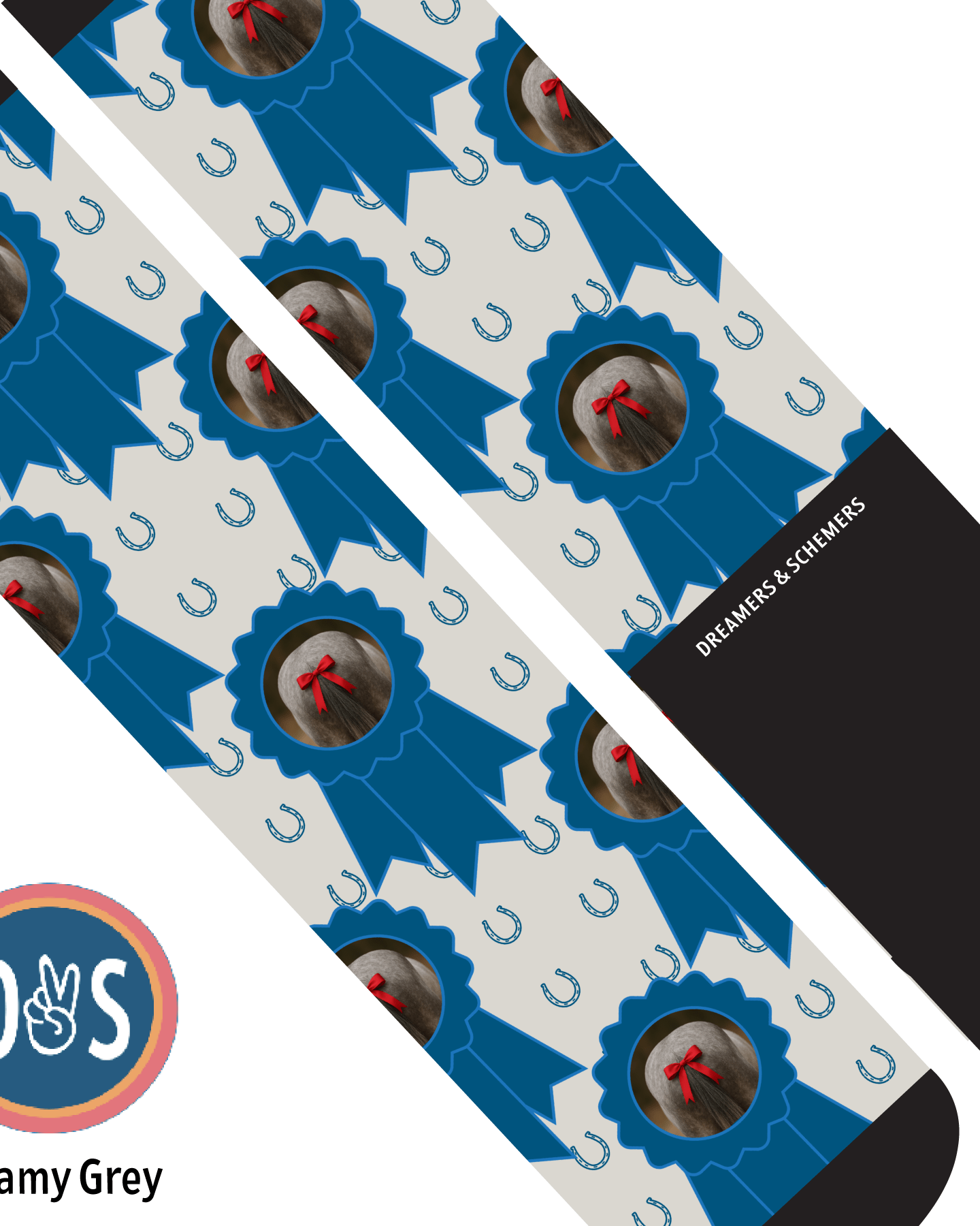 Custom blue ribbon socks with personalized photo of horse and blue horseshoes pattern