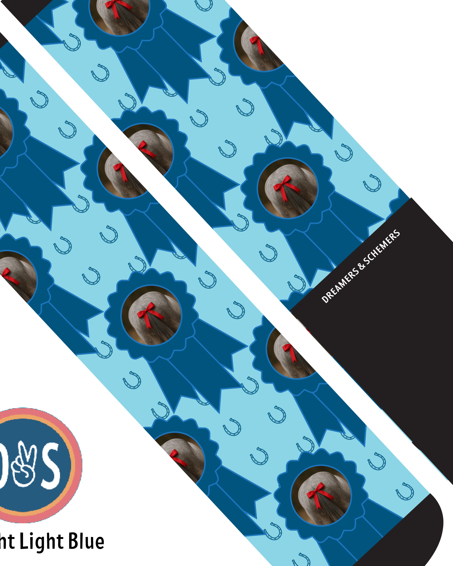 Custom blue socks with photo featuring blue ribbons and horseshoes pattern