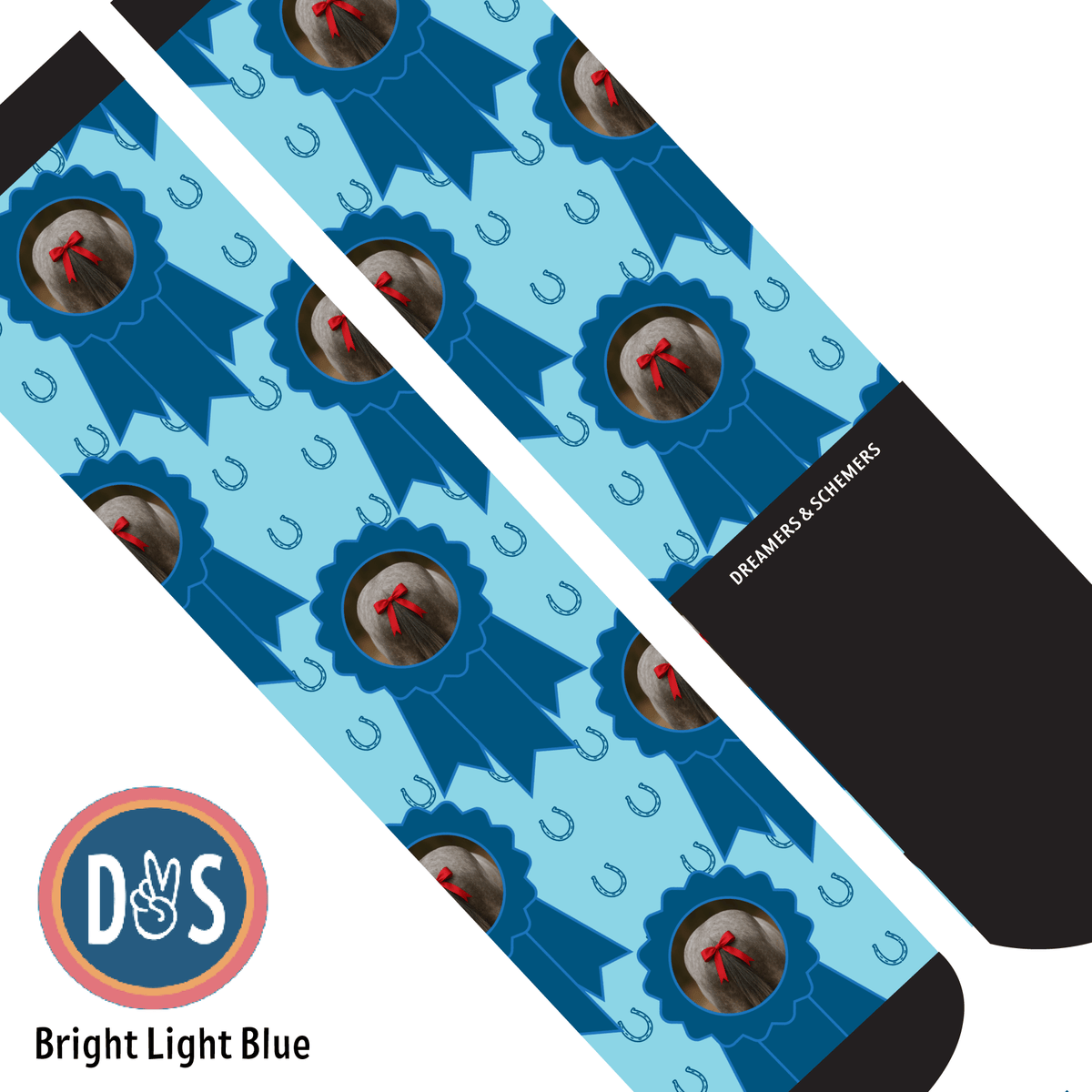 Custom blue socks with photo featuring blue ribbons and horseshoes pattern