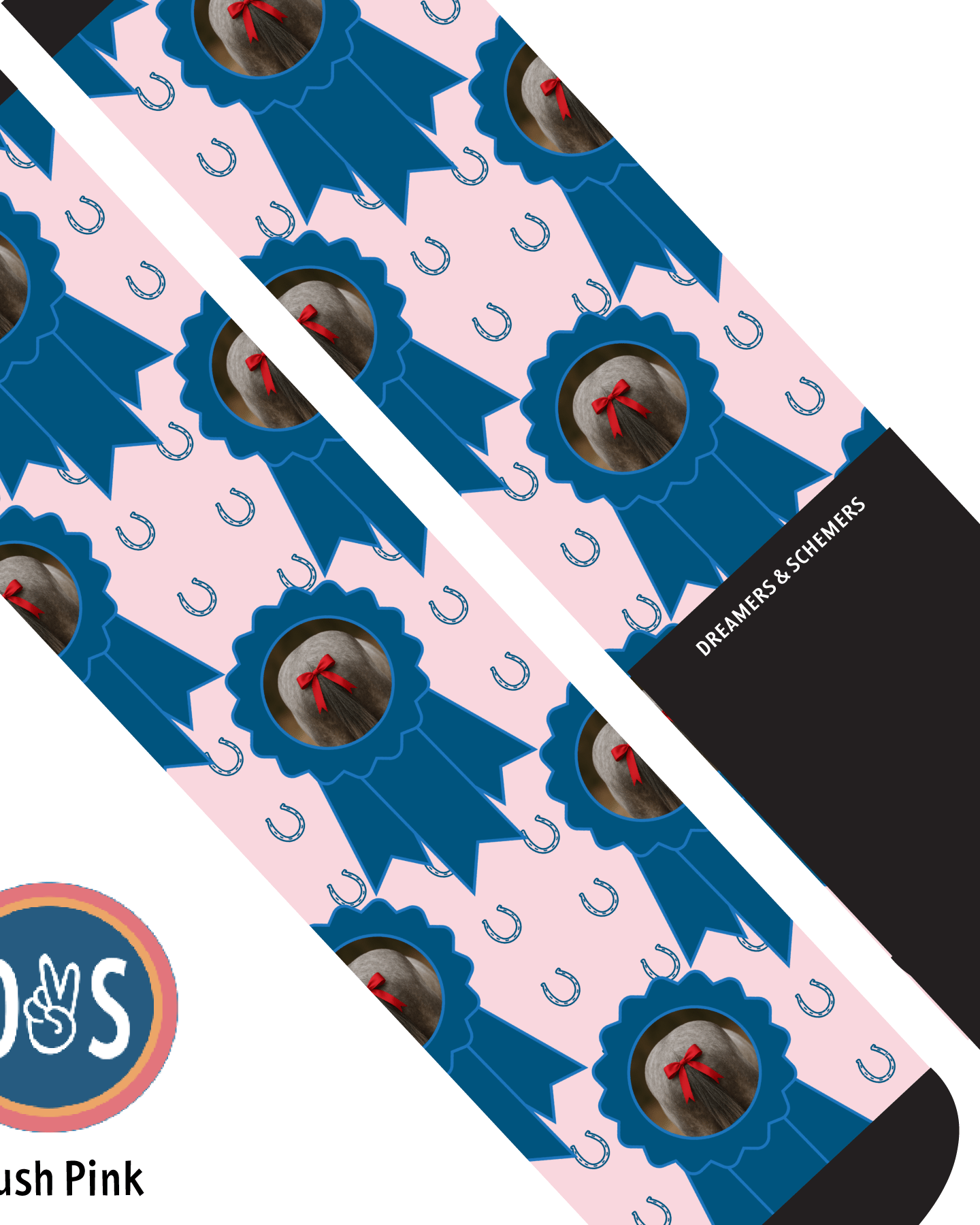 Custom blue ribbon socks with horseshoe pattern and personalized photo on blush pink background