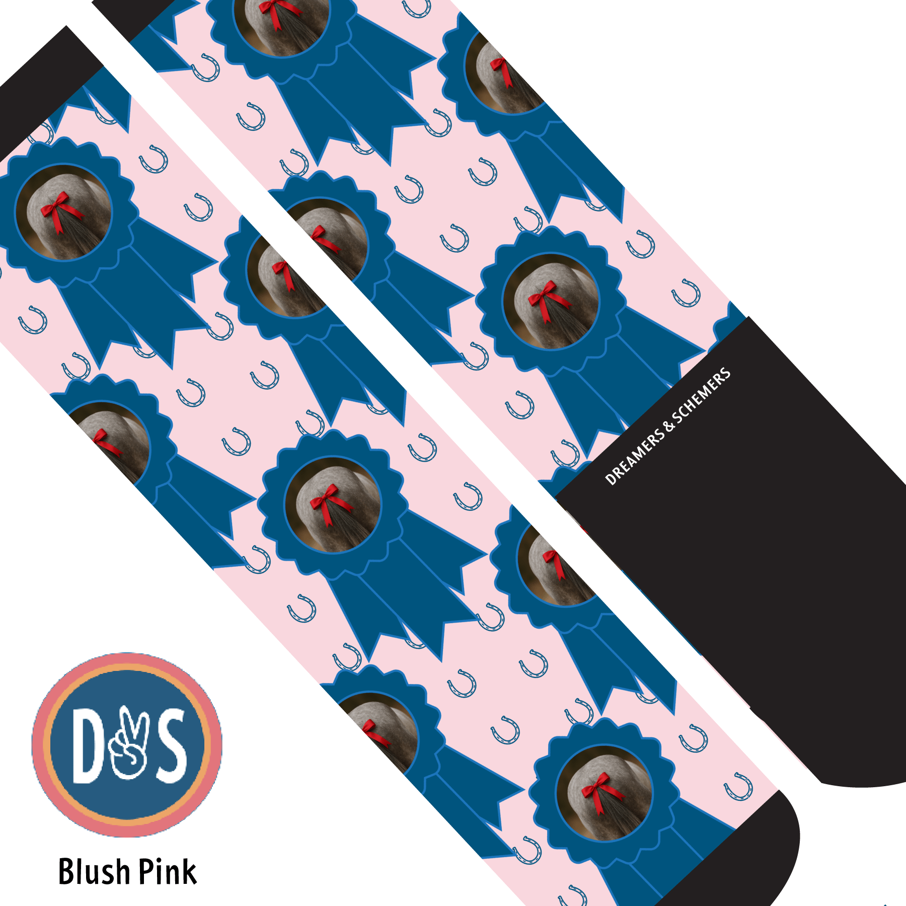 Custom blue ribbon socks with horseshoe pattern and personalized photo on blush pink background