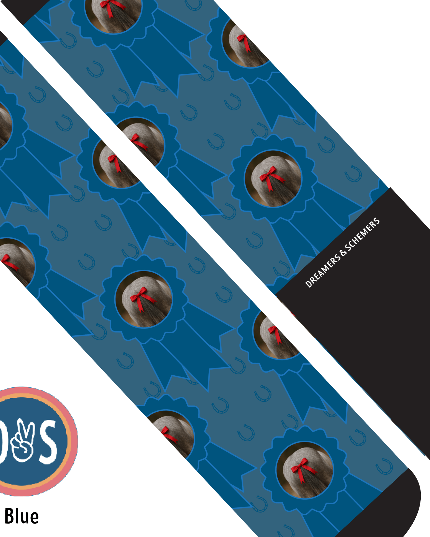 Custom blue socks with photo of horse and blue ribbon pattern, personalized Dreamers & Schemers boot socks