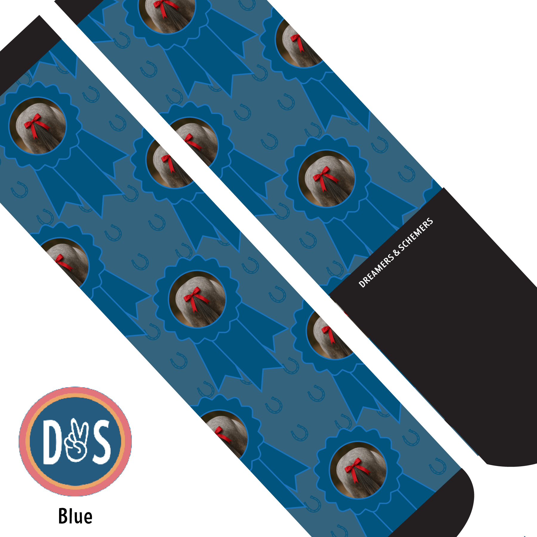 Custom blue socks with photo of horse and blue ribbon pattern, personalized Dreamers & Schemers boot socks