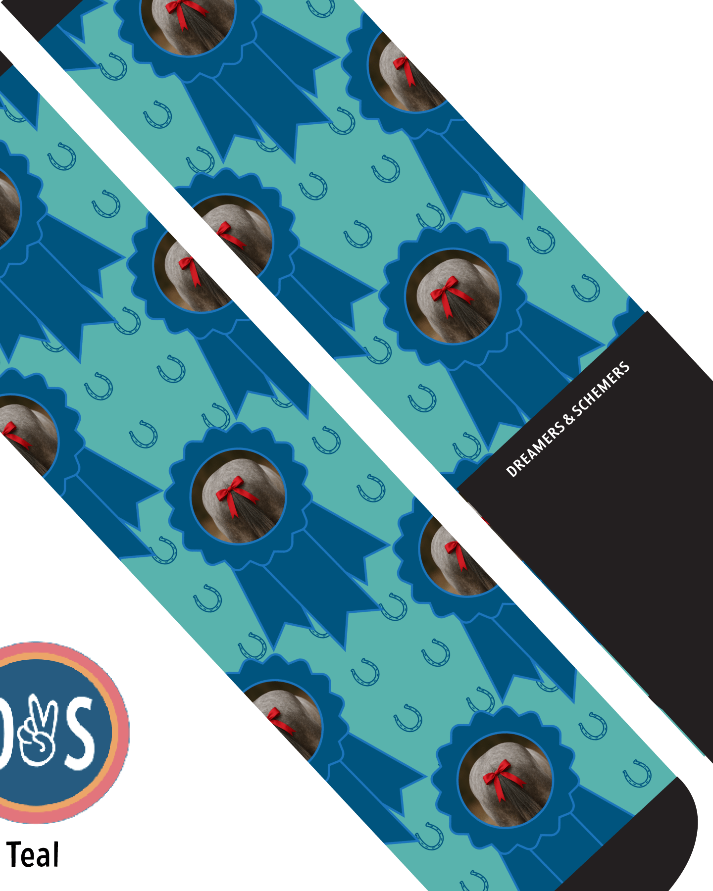 custom blue ribbon and horseshoes socks with personalized photo print