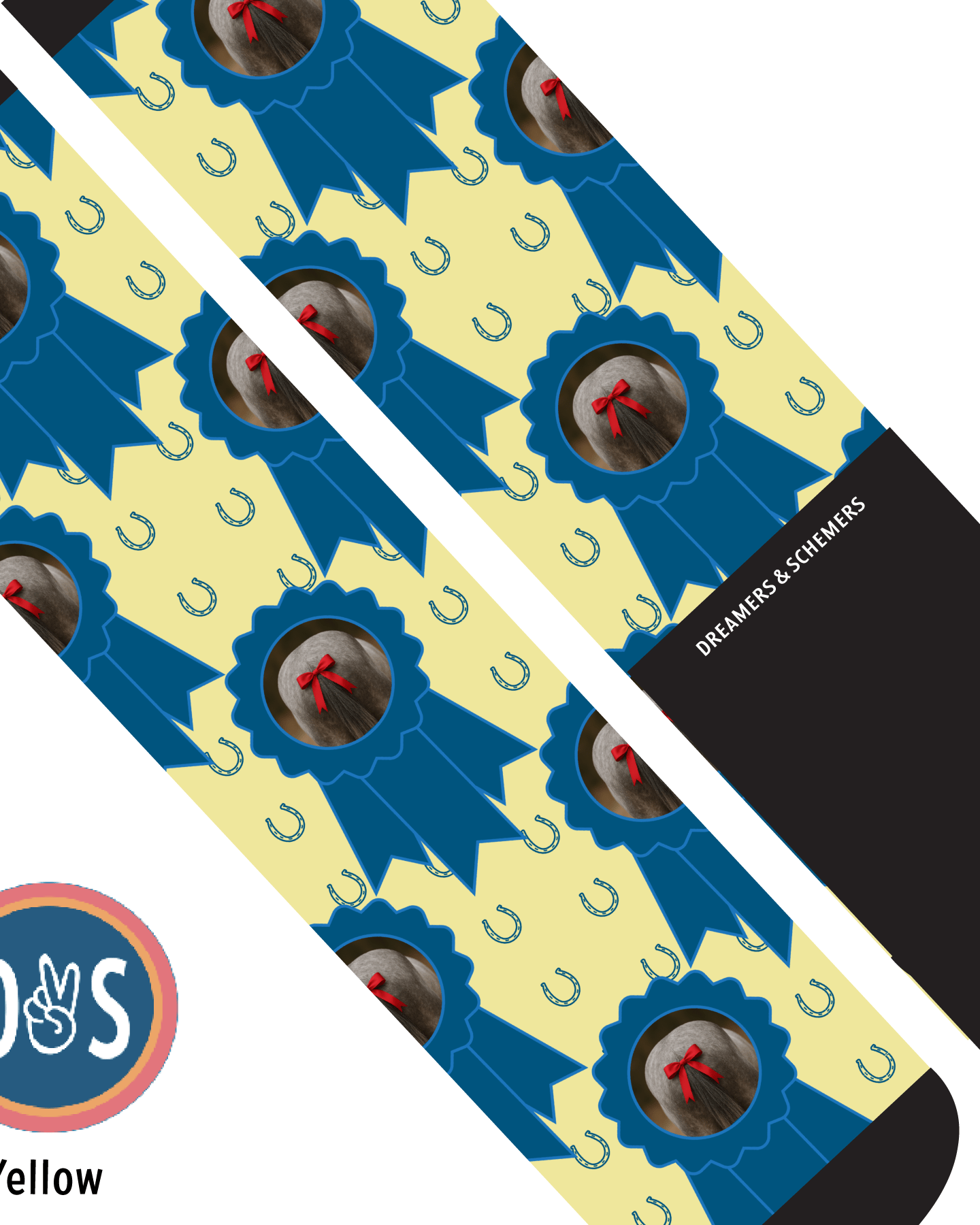 Custom sock with photo featuring blue ribbons and horseshoes on yellow background