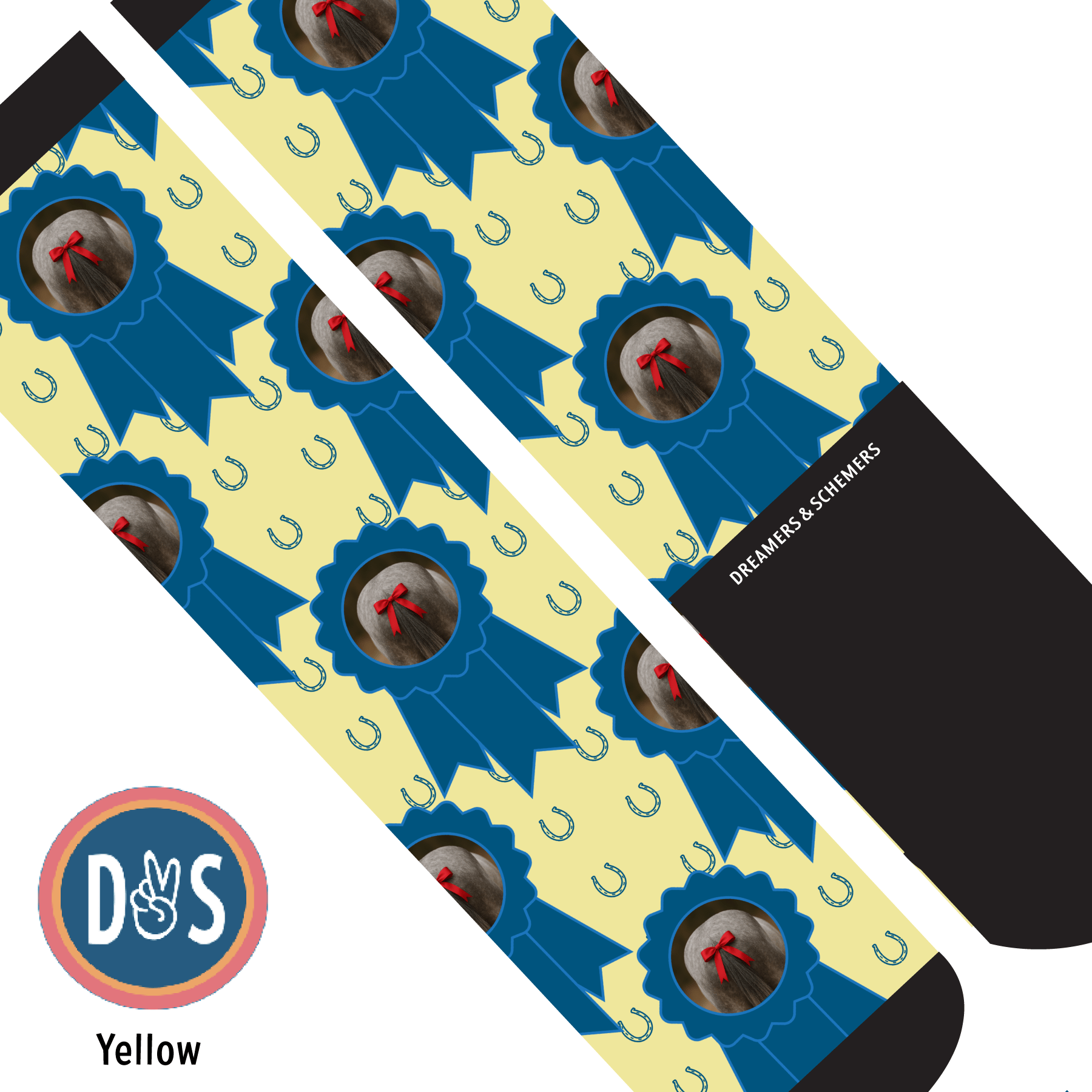 Custom sock with photo featuring blue ribbons and horseshoes on yellow background