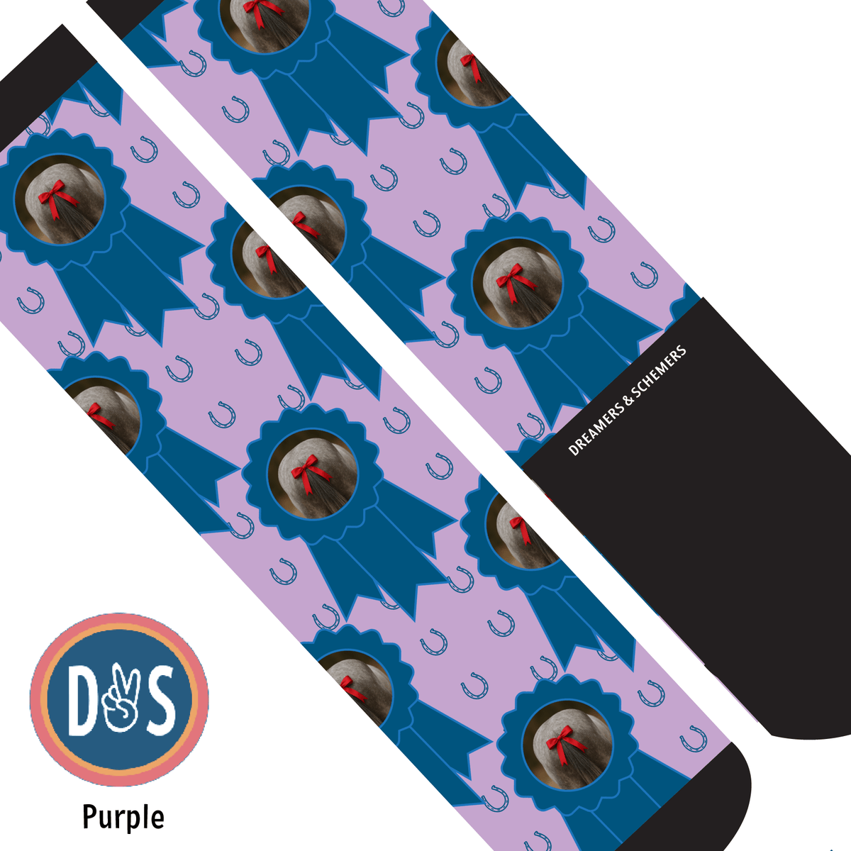 Custom photo socks with blue ribbon and horseshoe design on purple background