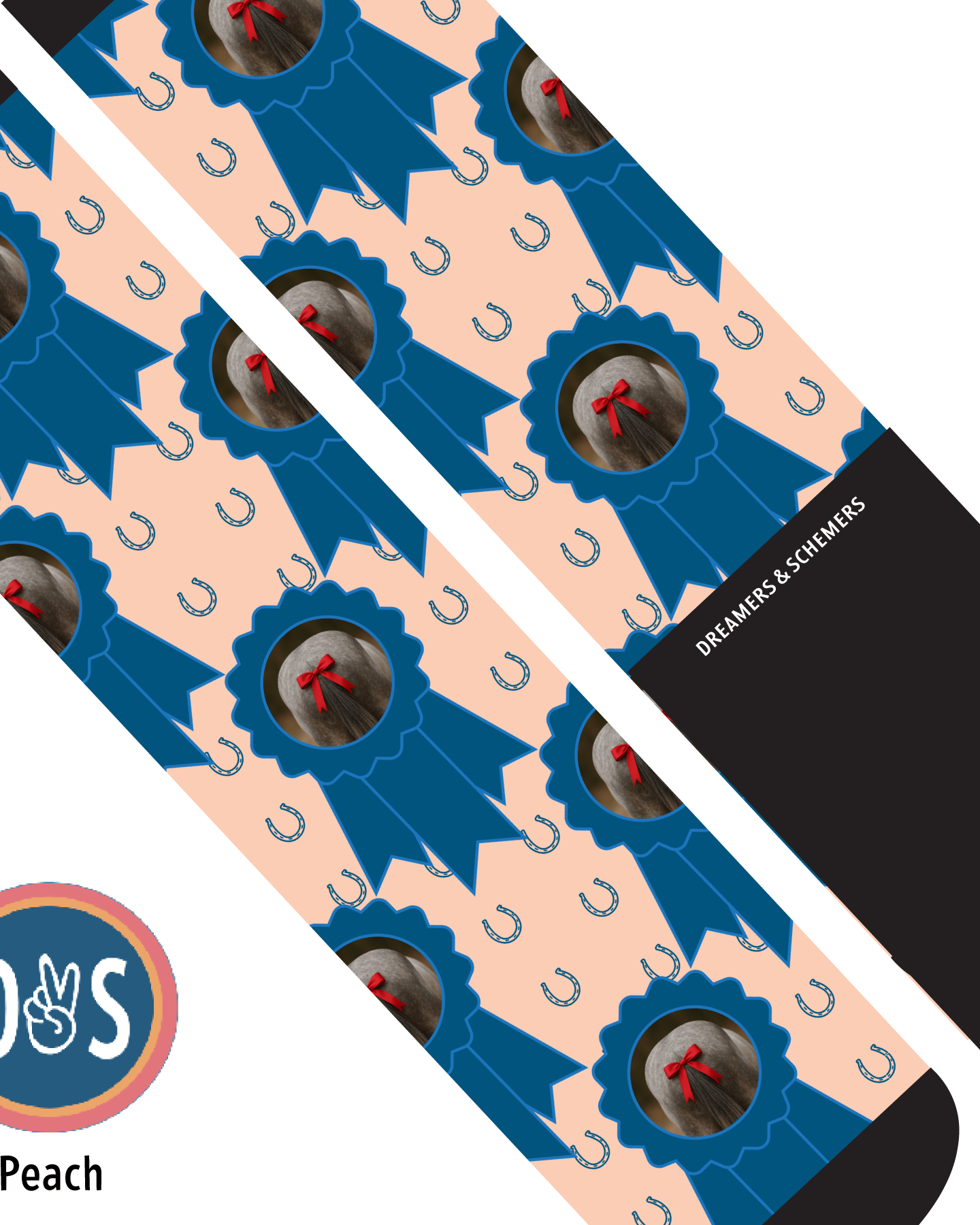 Custom photo socks with blue ribbon and horseshoe design on peach background