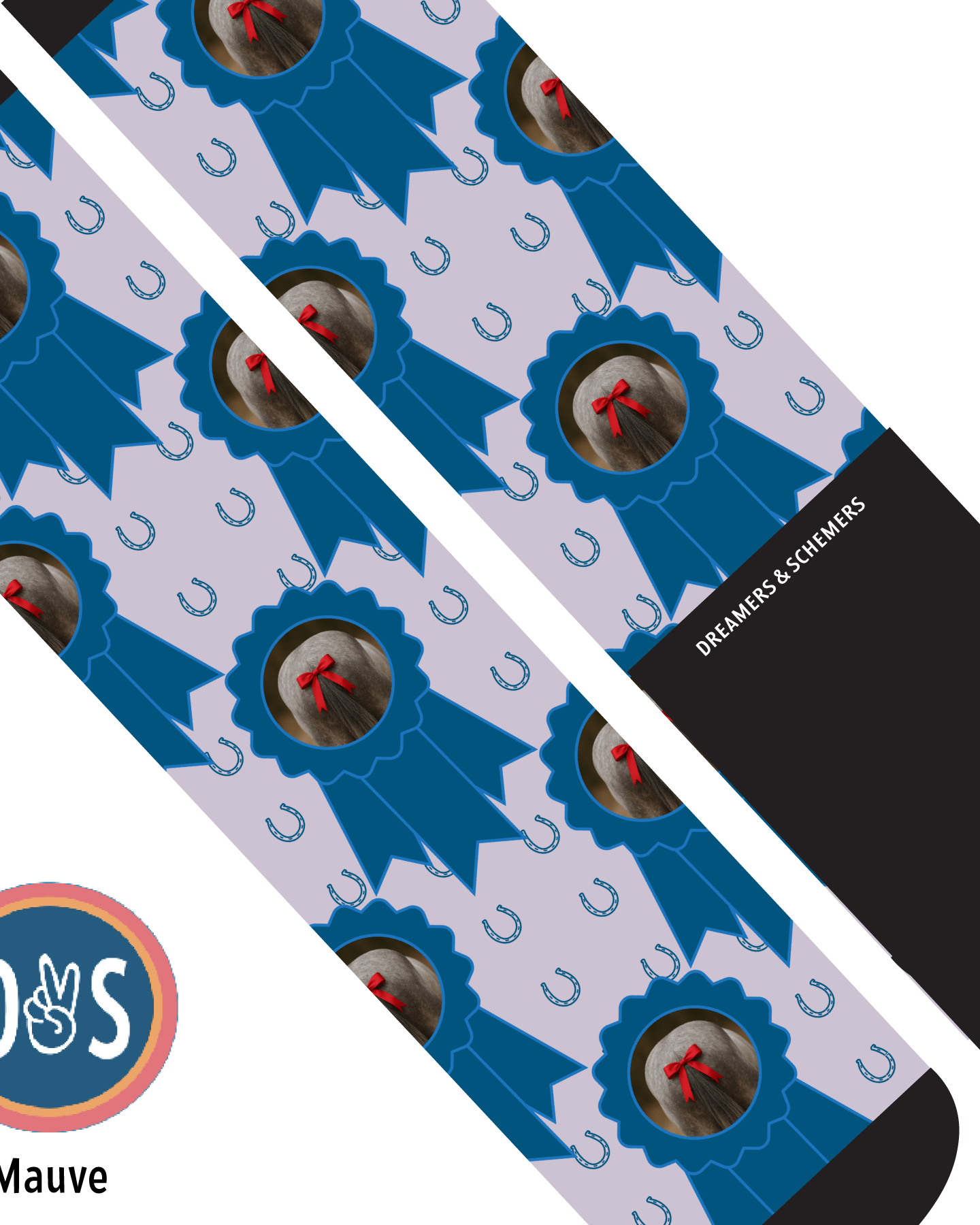 Custom socks with blue ribbon and horseshoes pattern featuring a photo, made by Dreamers & Schemers