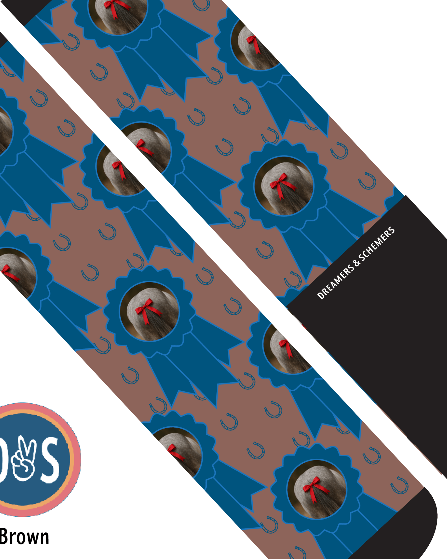 Custom blue ribbon and horseshoes socks featuring personalized photo on brown background