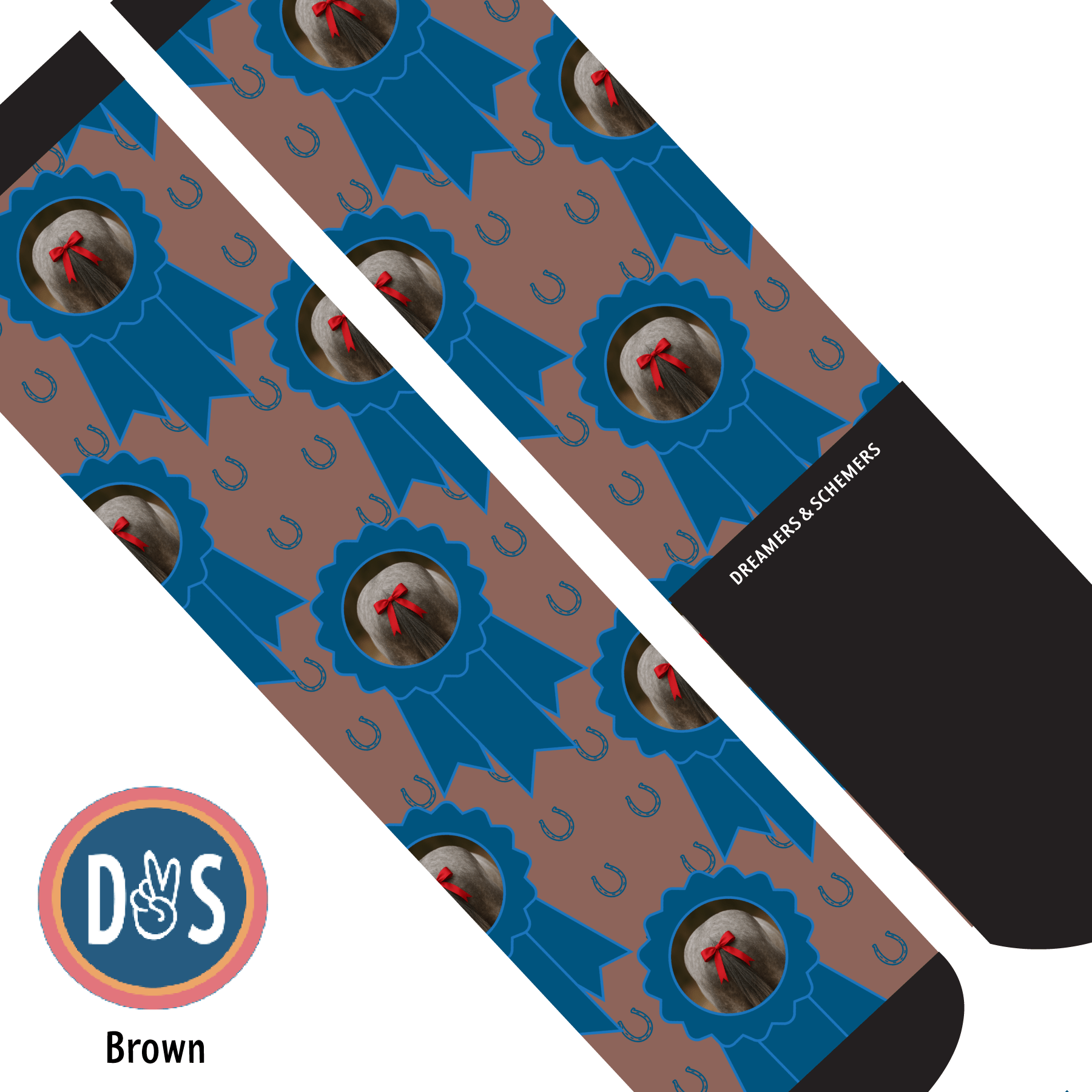 Custom blue ribbon and horseshoes socks featuring personalized photo on brown background