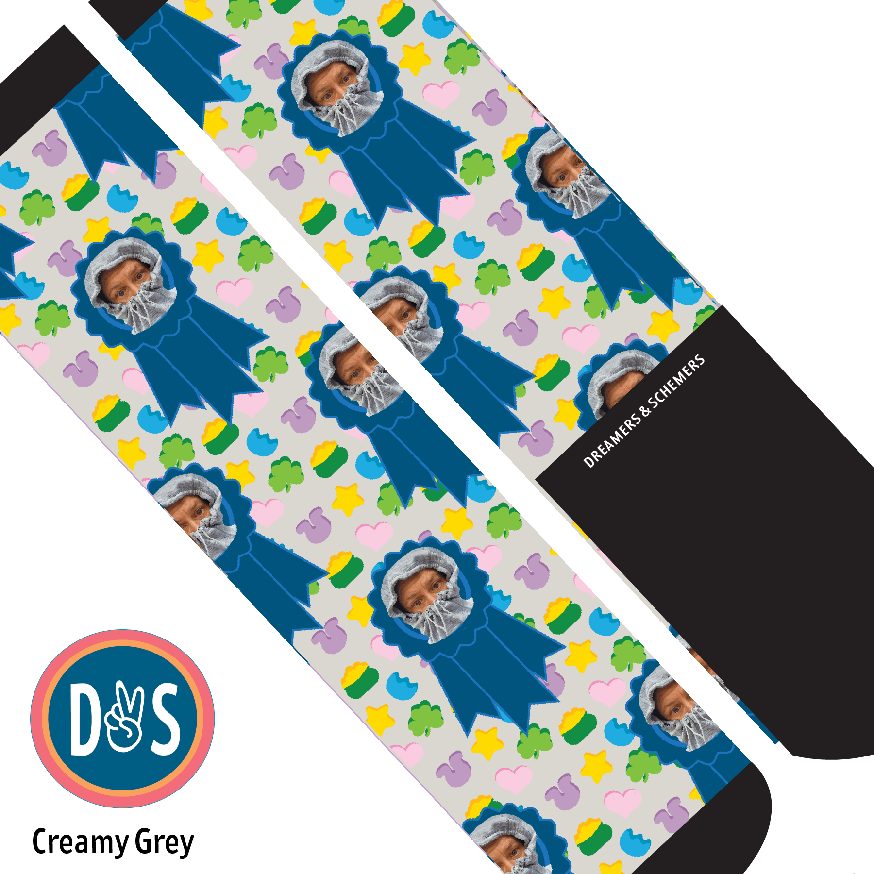 Custom AL Custom Socks Adult / Creamy Grey Custom Blue Ribbon with Lucky Treats Socks 1 Photo equestrian boot socks boot socks thin socks riding socks pattern socks tall socks funny socks knee high socks horse socks horse show socks