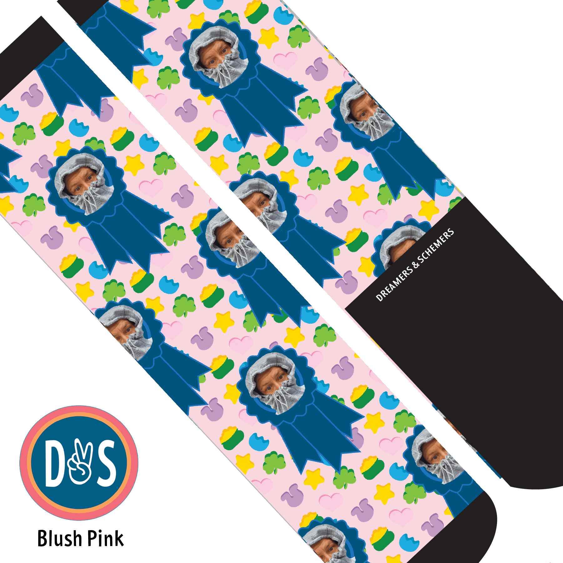 Custom AL Custom Socks Adult / Blush Pink Custom Blue Ribbon with Lucky Treats Socks 1 Photo equestrian boot socks boot socks thin socks riding socks pattern socks tall socks funny socks knee high socks horse socks horse show socks