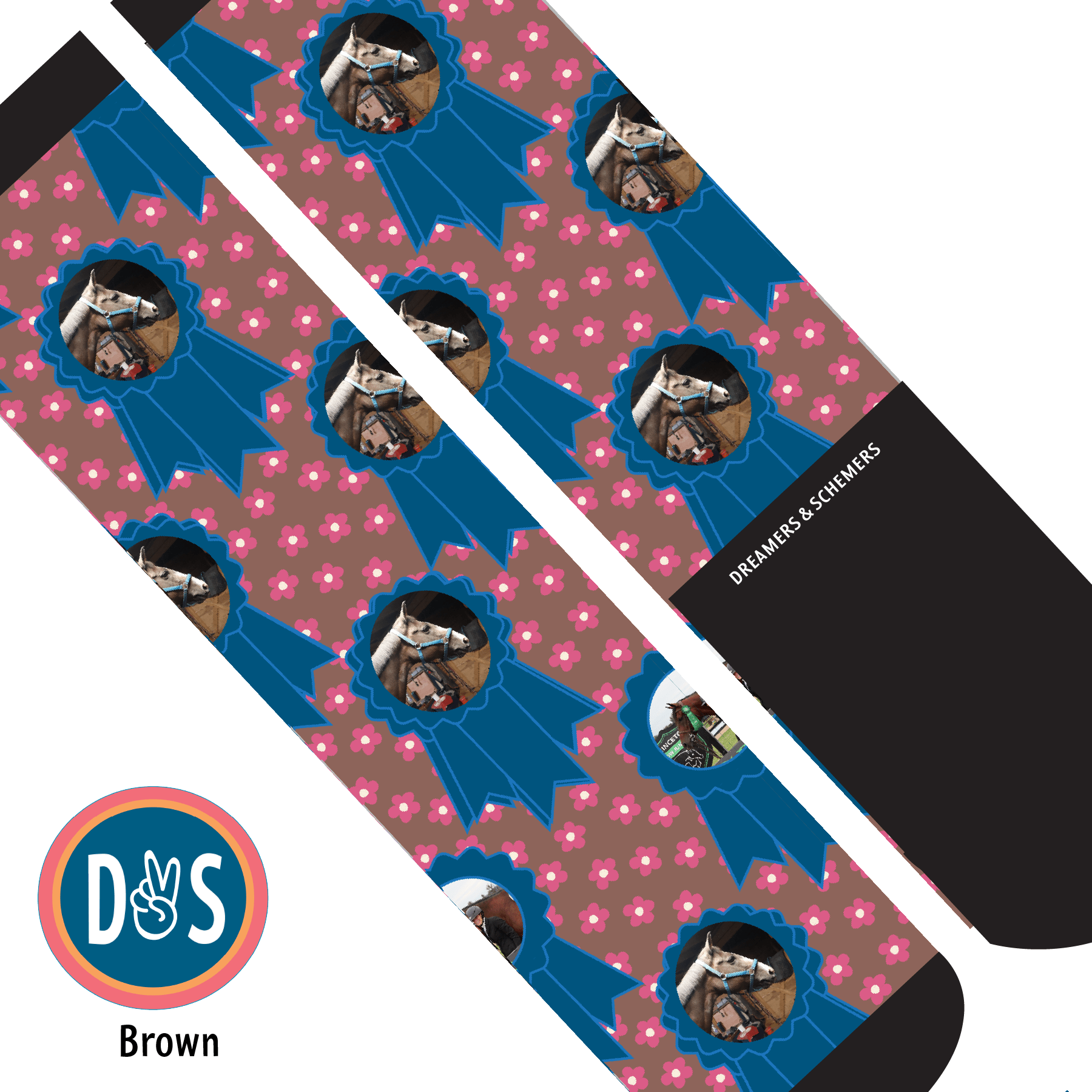 Custom AL Custom Socks Adult / Brown Custom Blue Ribbon with Pinky Petals Socks 1 Photo equestrian boot socks boot socks thin socks riding socks pattern socks tall socks funny socks knee high socks horse socks horse show socks